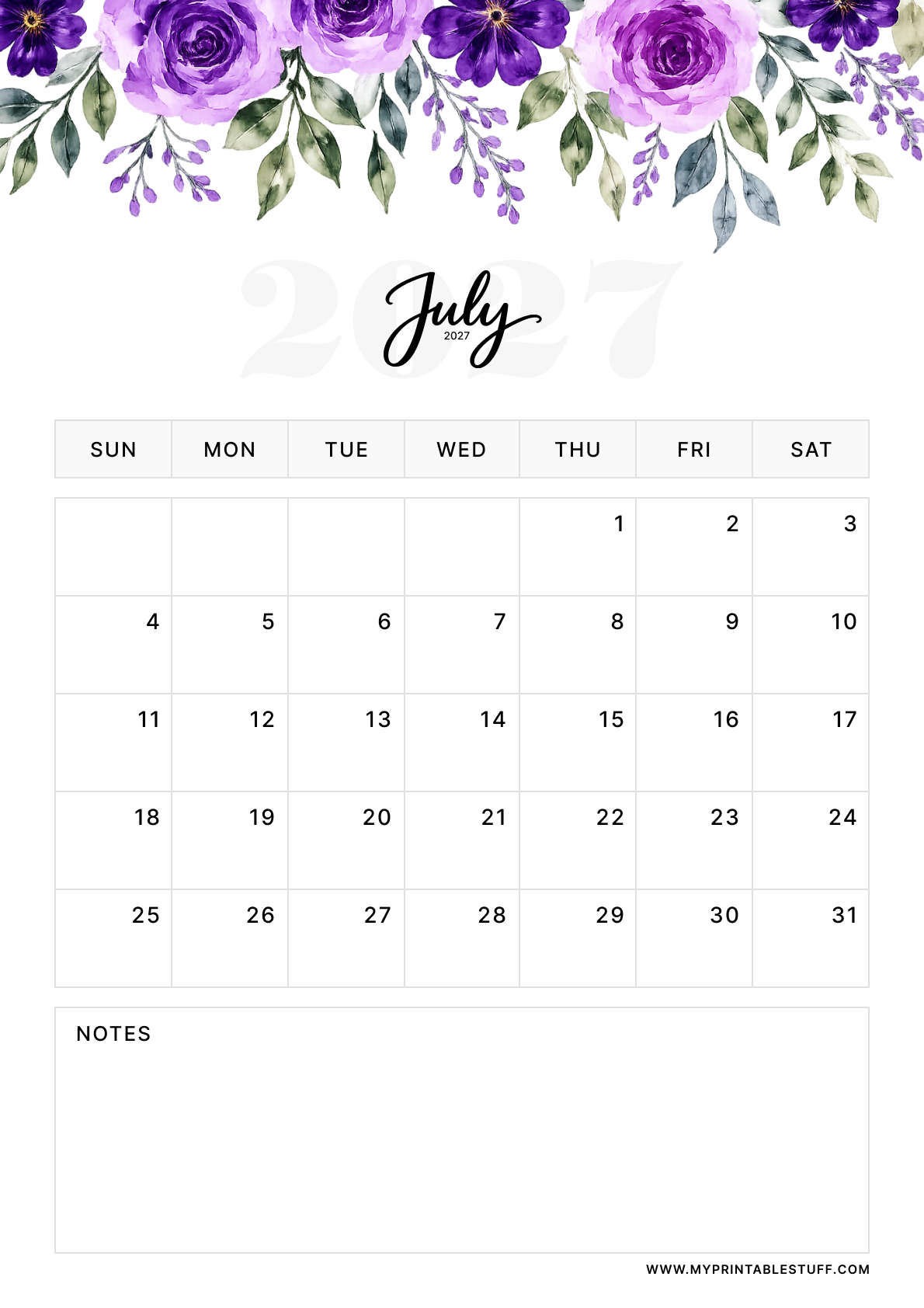 Floral Elegance Design July 2027 Calendar Portrait