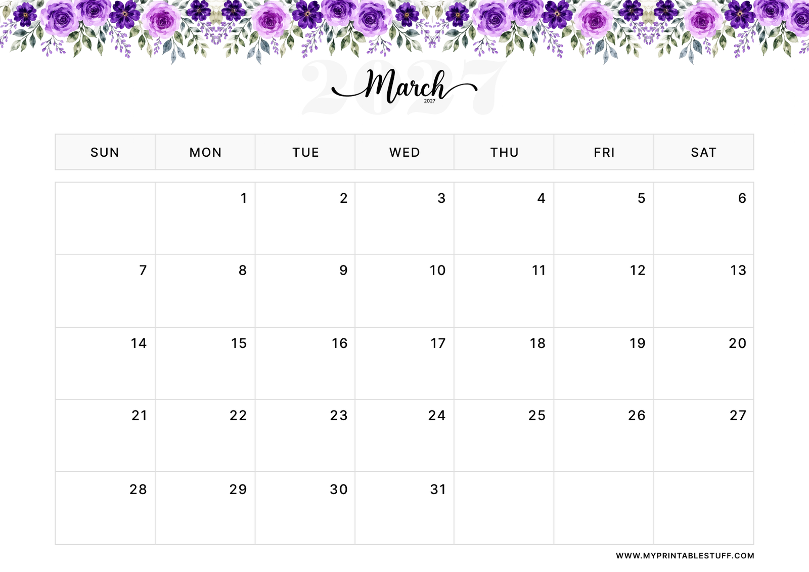 Floral Elegance Design March 2027 Calendar Landscape