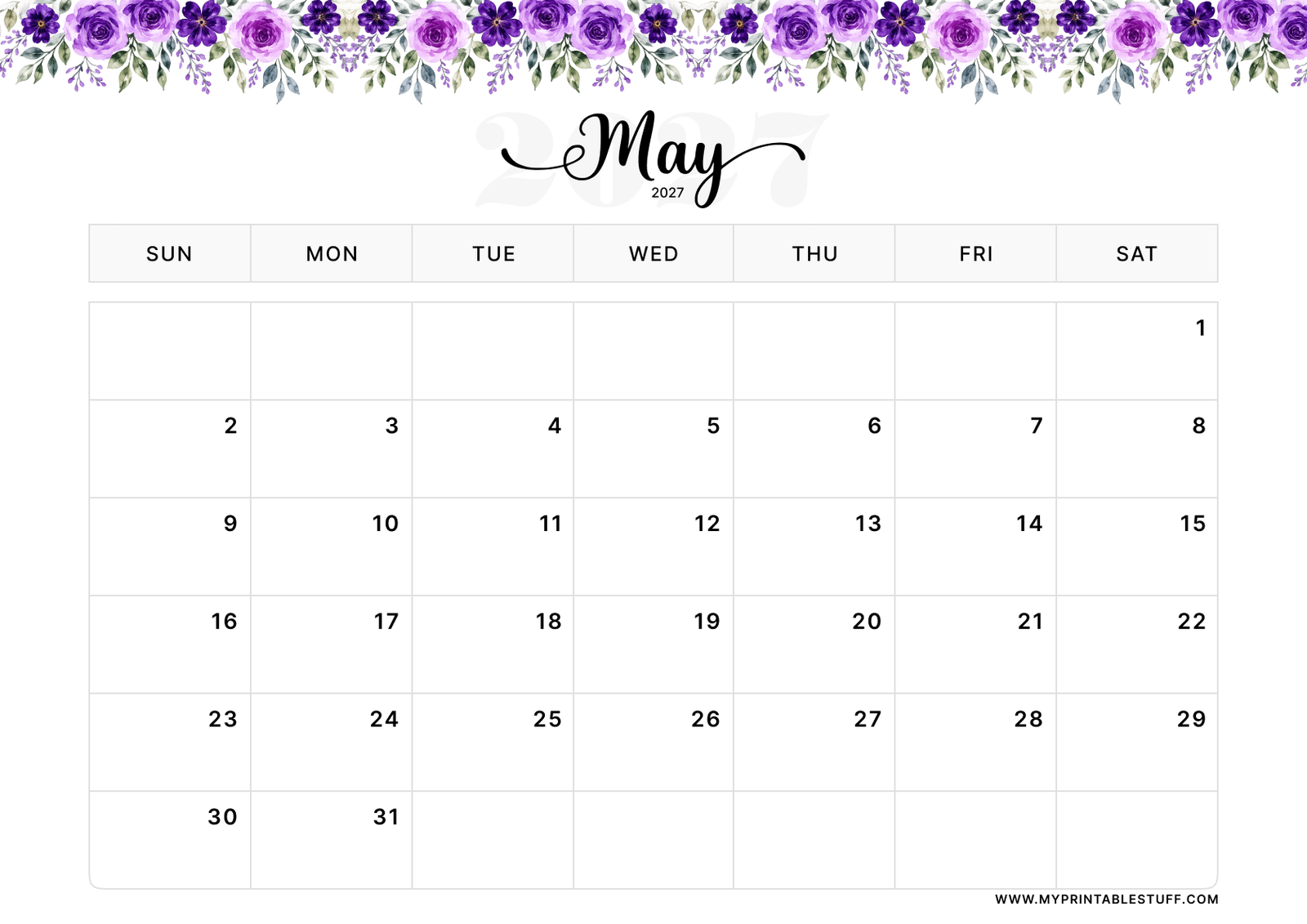 Floral Elegance Design May 2027 Calendar Landscape