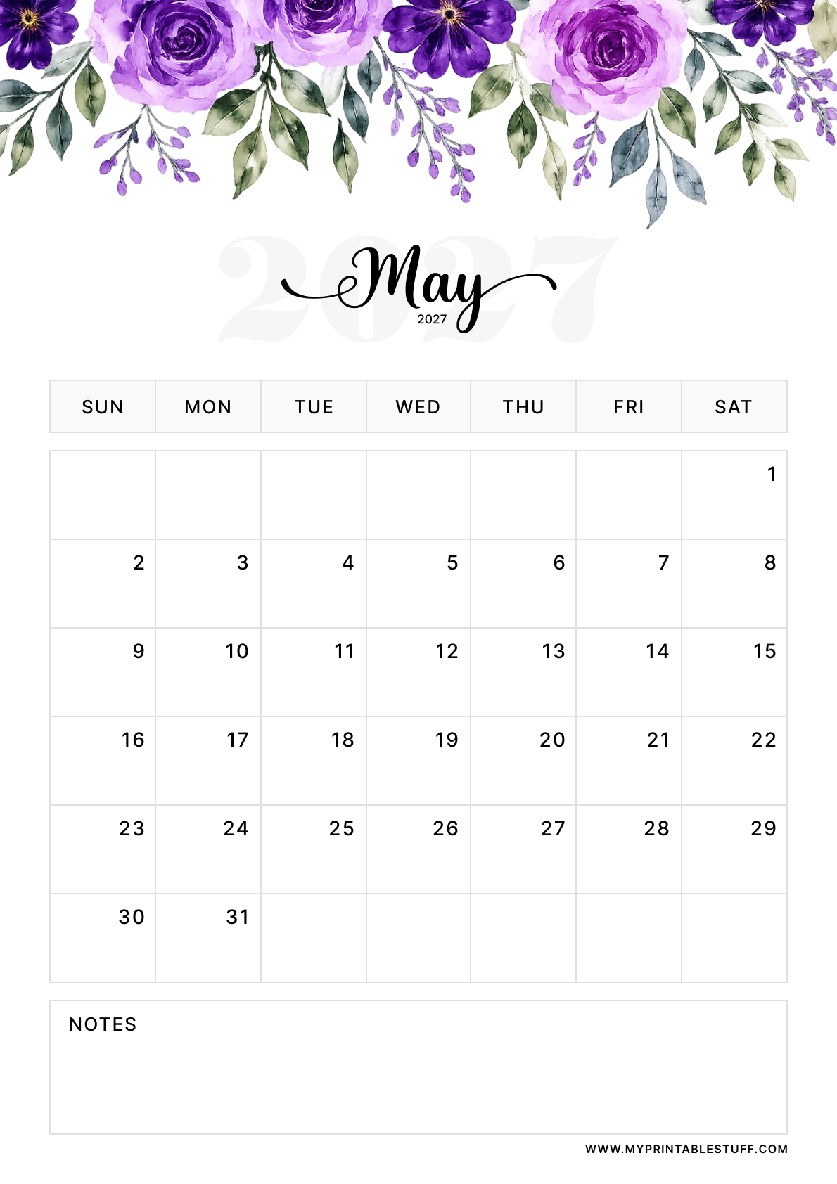 Floral Elegance Design May 2027 Calendar Portrait