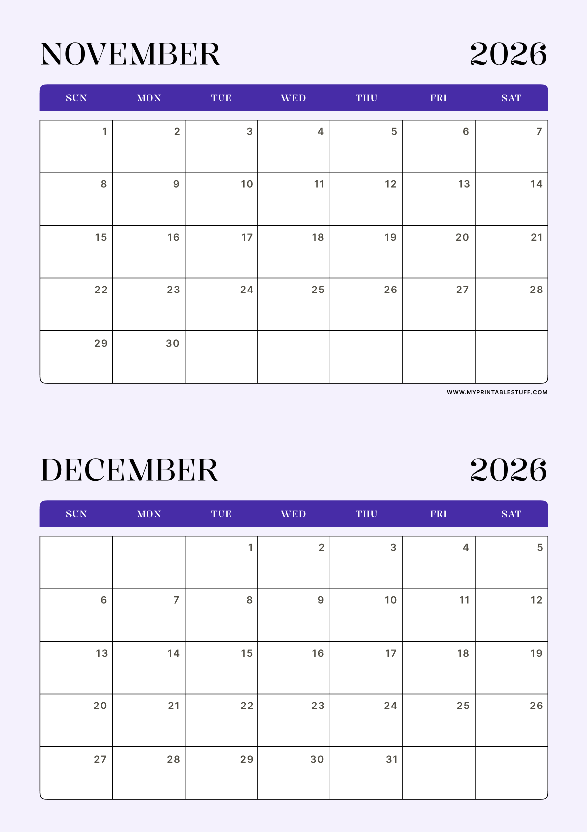 Lavender Minimal Design November December 2026 Calendar Portrait