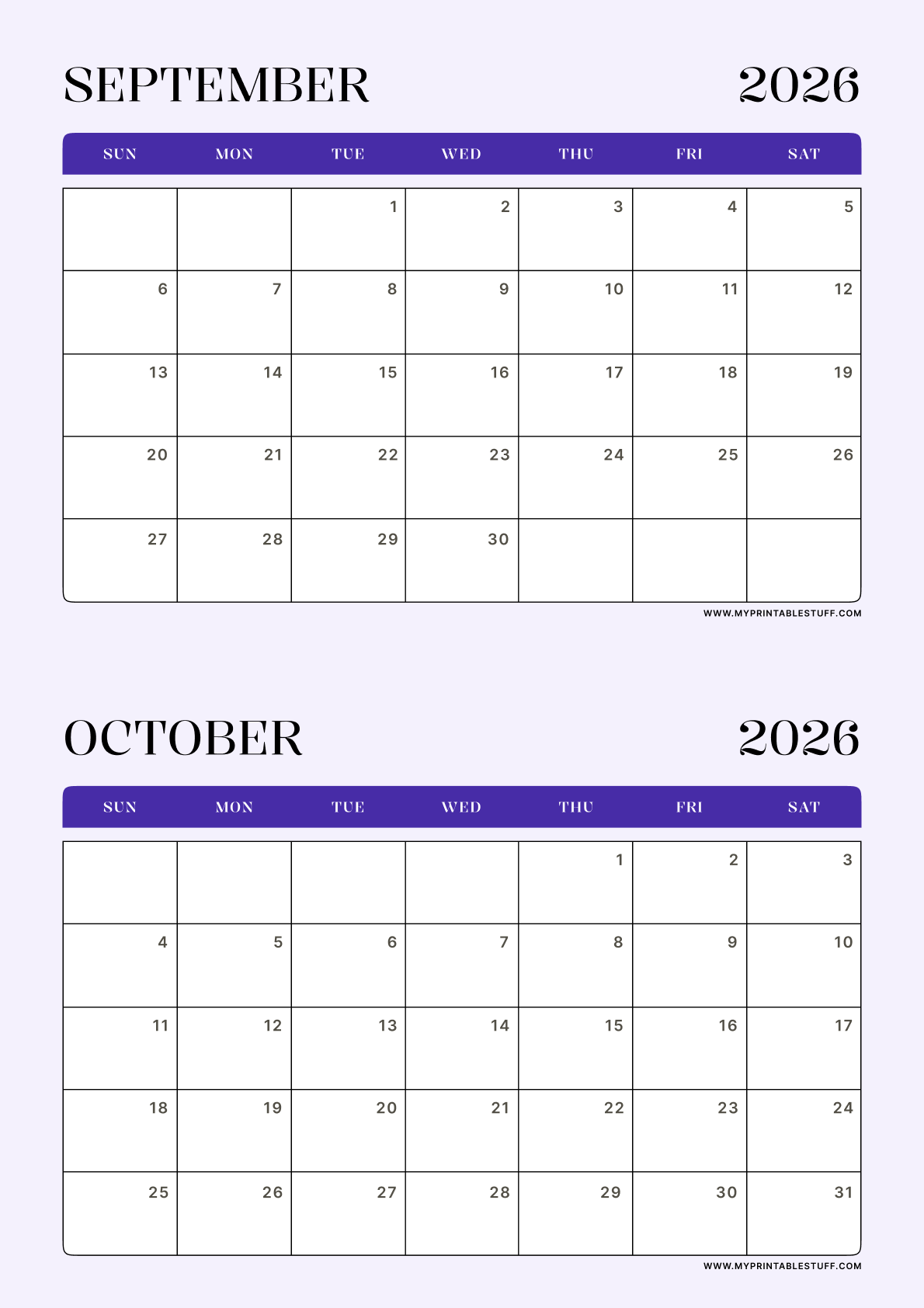 Lavender Minimal Design September October 2026 Calendar Portrait