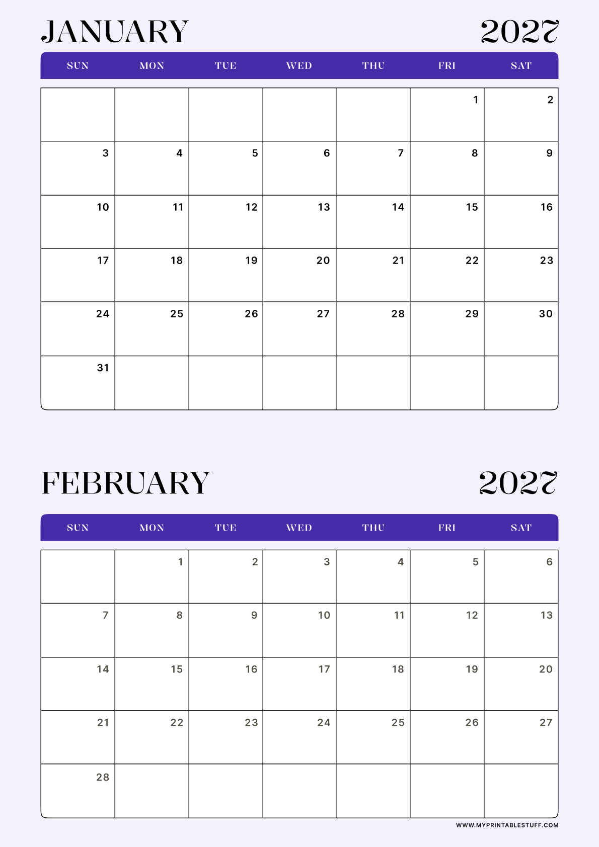 Lavender Minimal Design January February 2027 Calendar Portrait