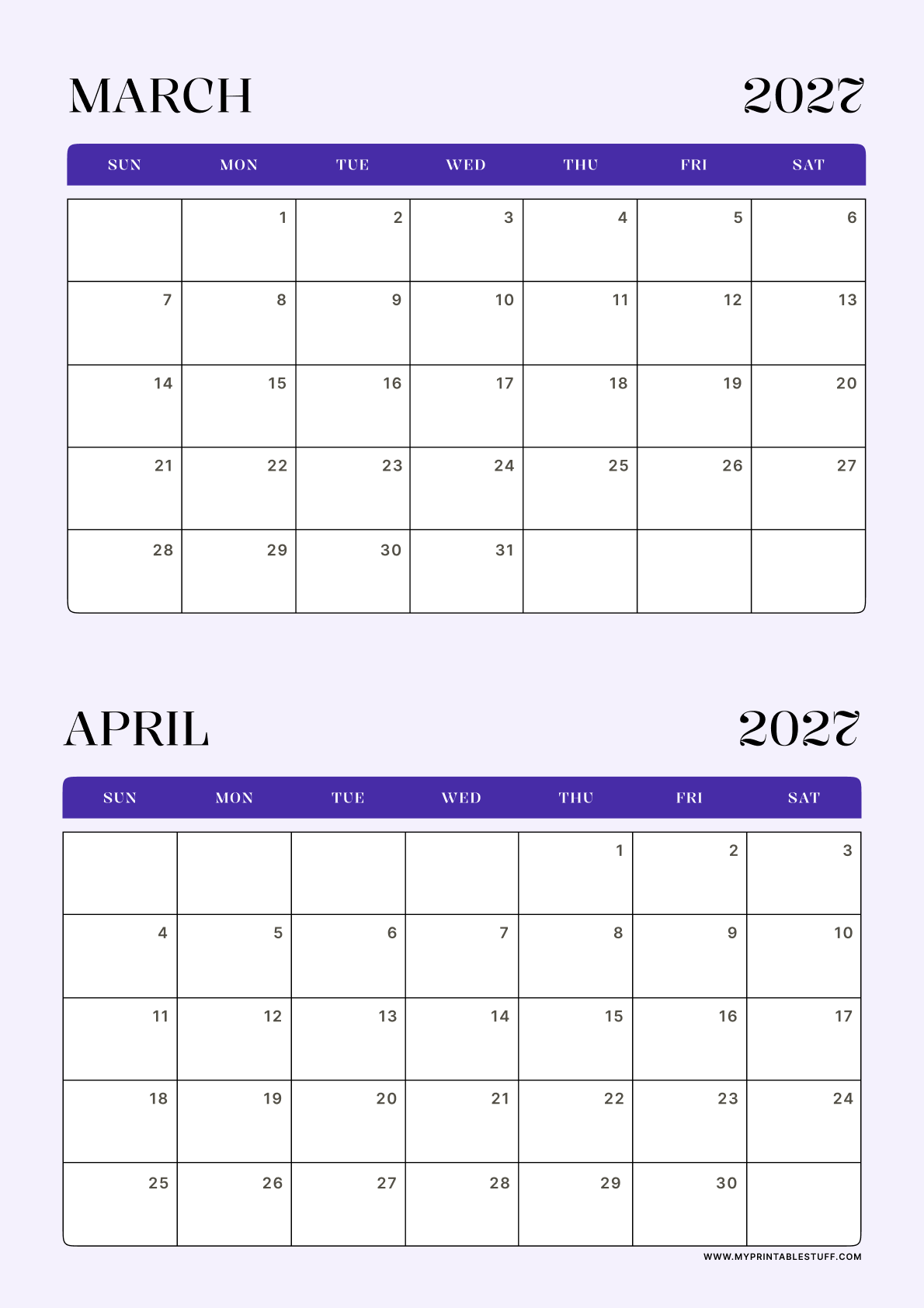 Lavender Minimal Design March April 2027 Calendar Portrait
