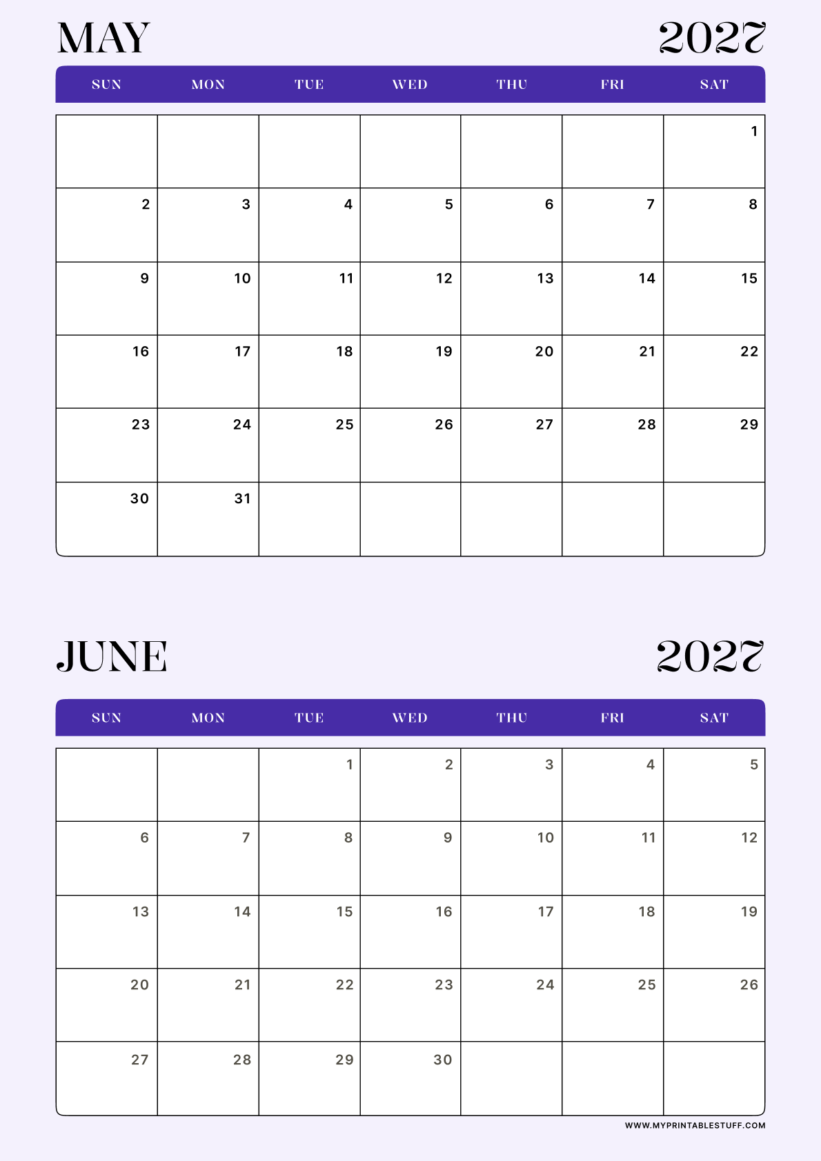 Lavender Minimal Design May June 2027 Calendar Portrait