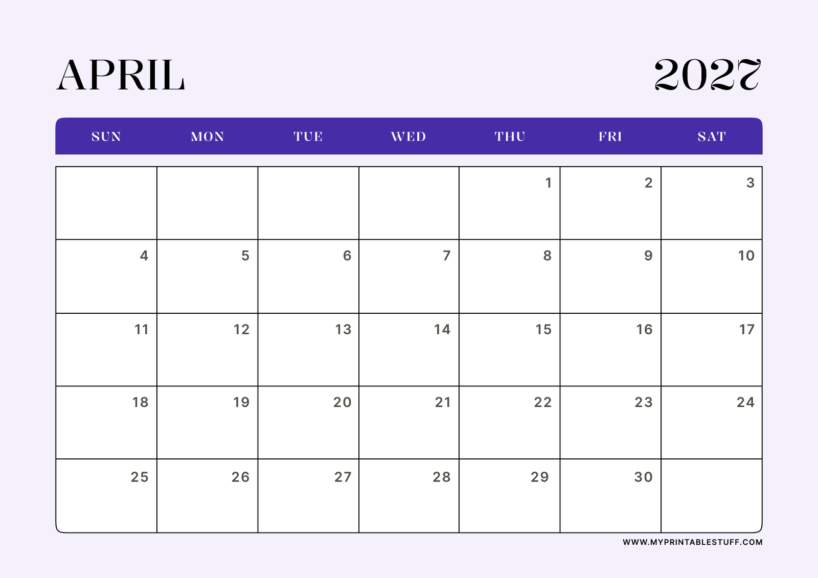 Lavender Minimal Design April 2027 Calendar Landscape