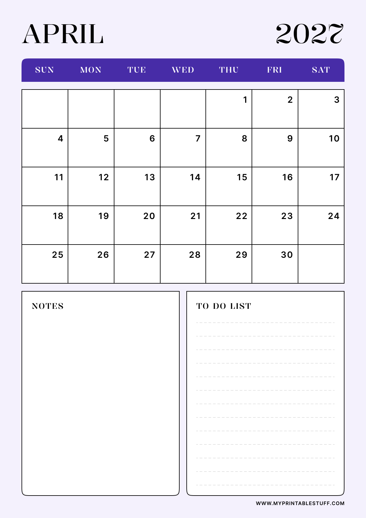 Lavender Minimal Design April 2027 Calendar Portrait