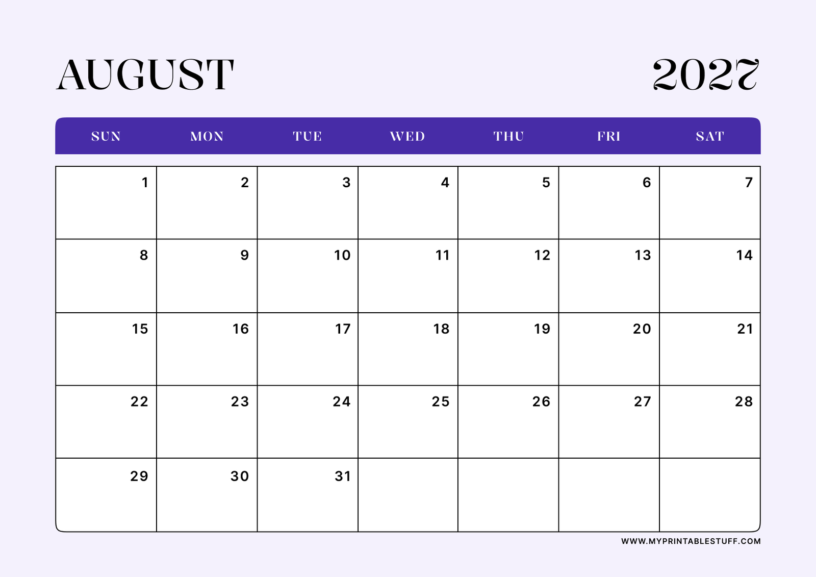 Lavender Minimal Design August 2027 Calendar Landscape