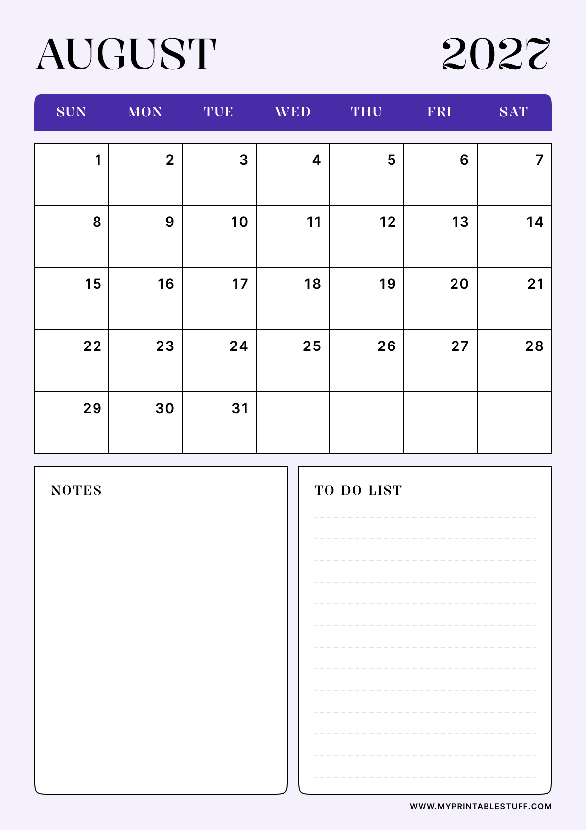 Lavender Minimal Design August 2027 Calendar Portrait
