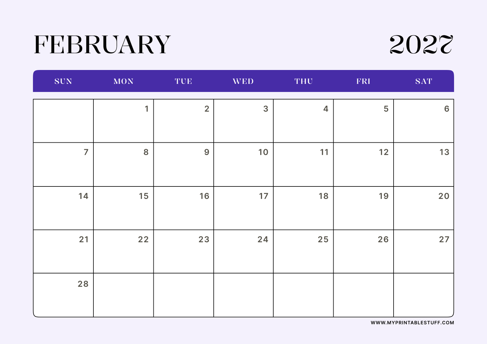 Lavender Minimal Design February 2027 Calendar Landscape