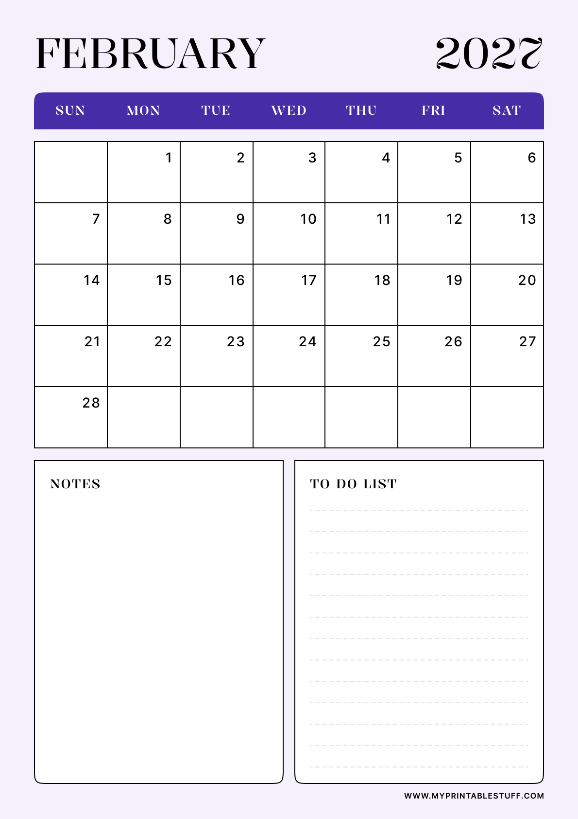 Lavender Minimal Design February 2027 Calendar Portrait
