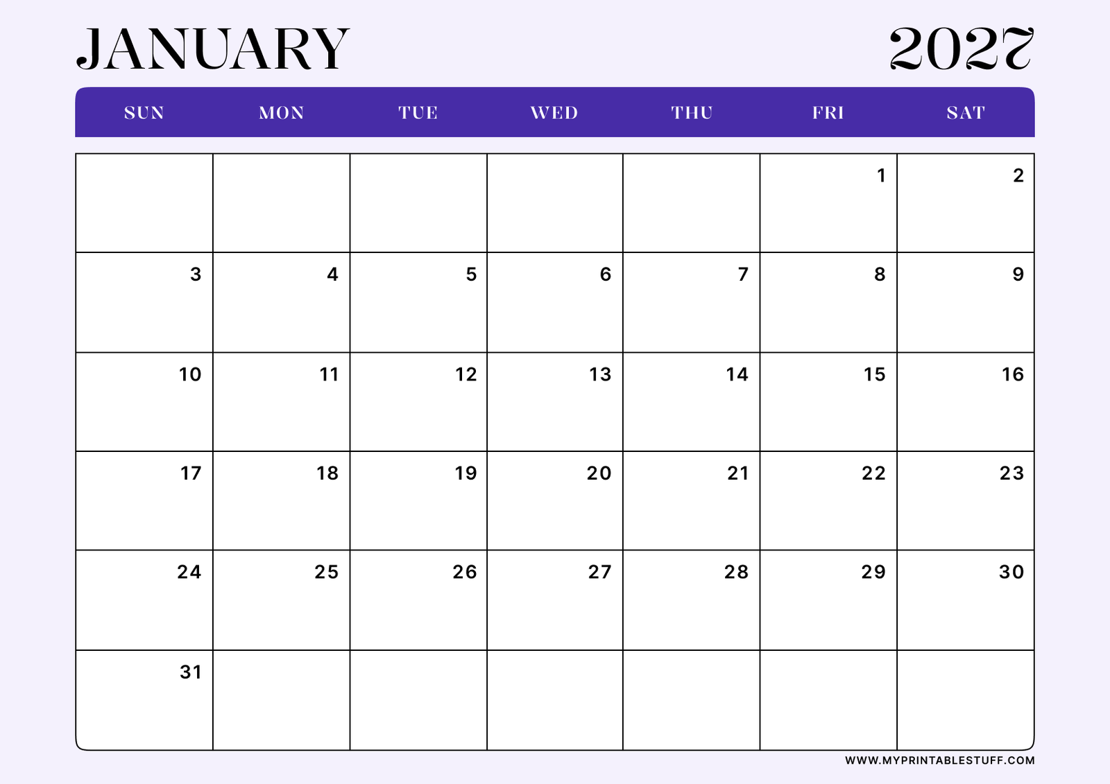 Lavender Minimal Design January 2027 Calendar Landscape