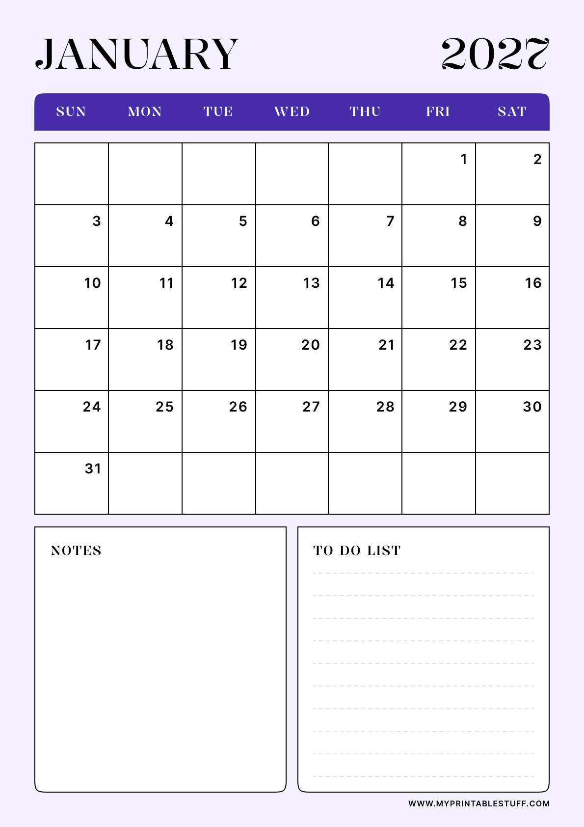 Lavender Minimal Design January 2027 Calendar Portrait