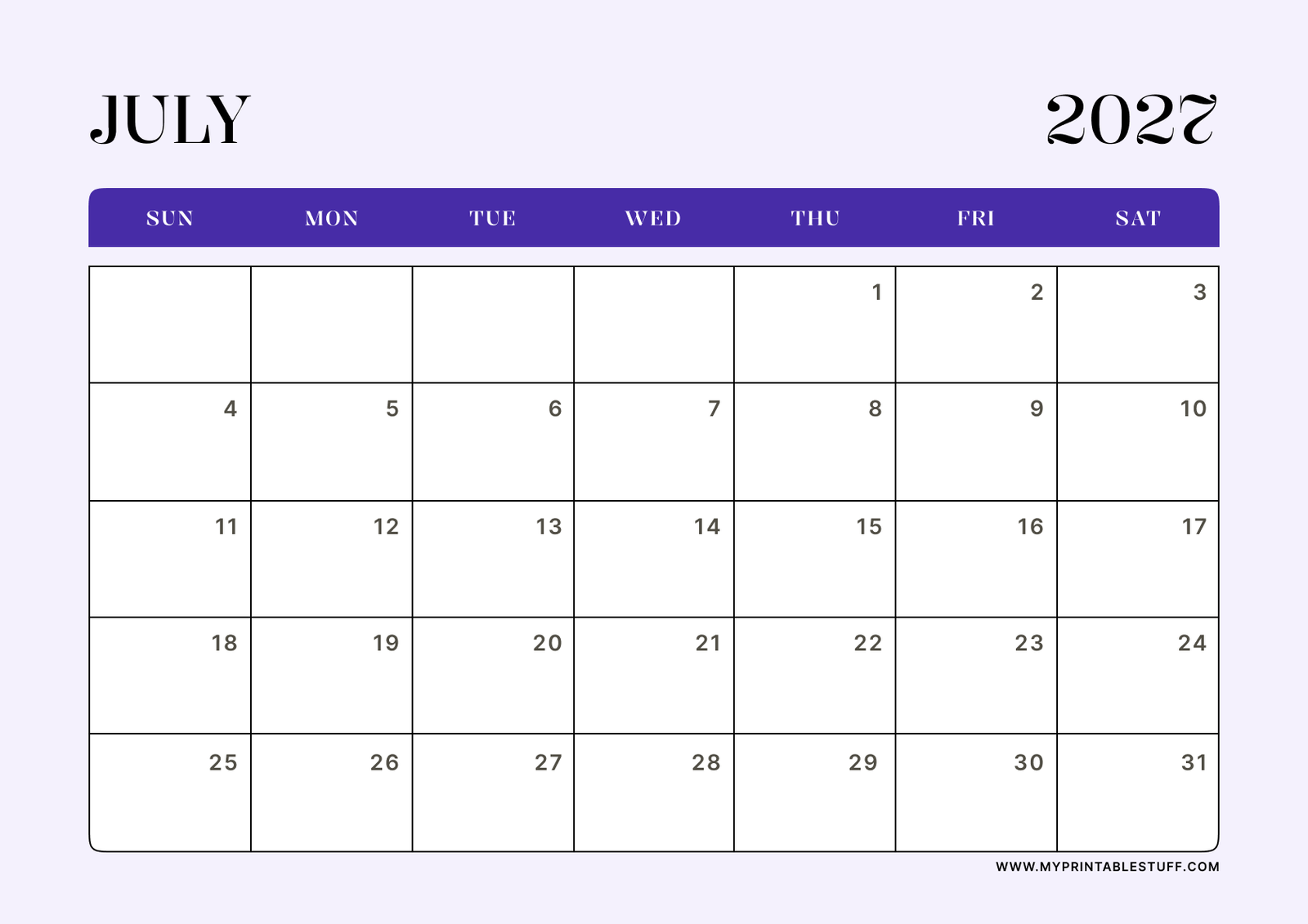 Lavender Minimal Design July 2027 Calendar Landscape
