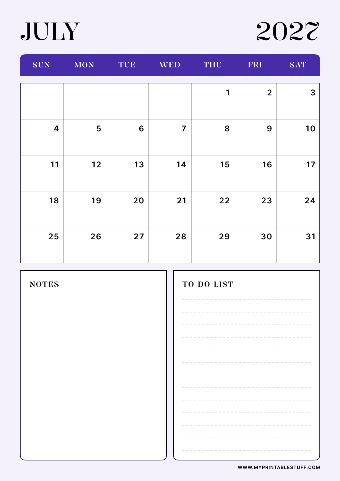 Lavender Minimal Design July 2027 Calendar Portrait