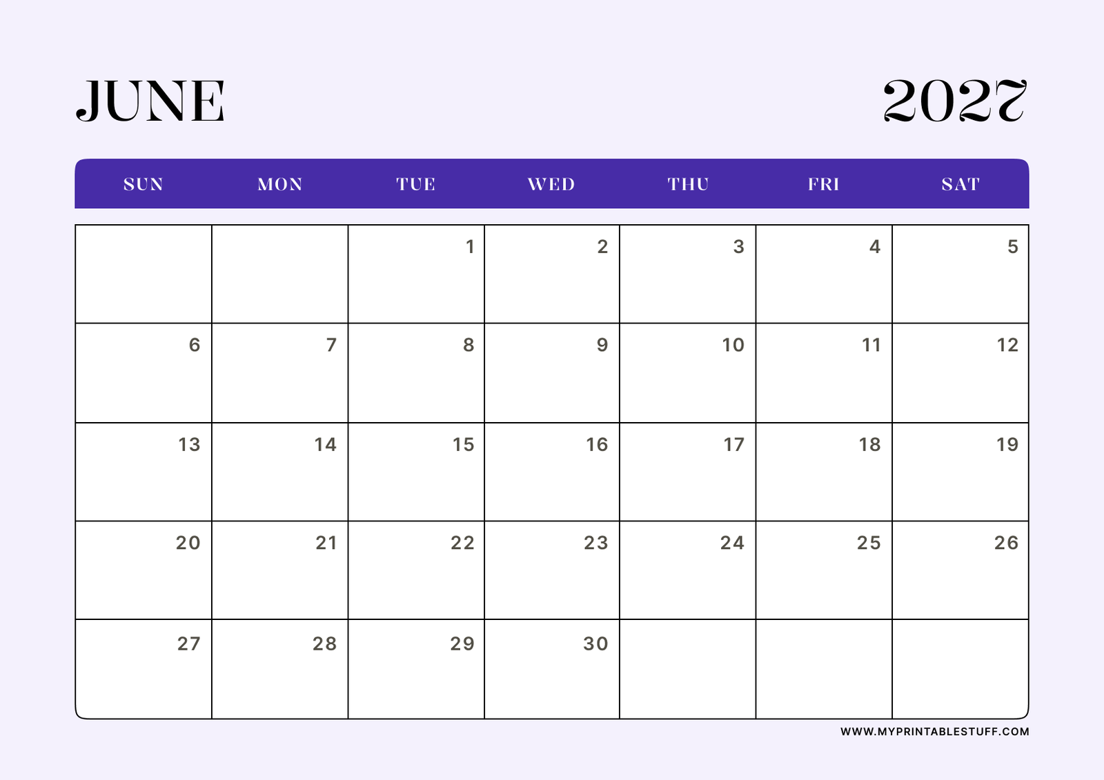 Lavender Minimal Design June 2027 Calendar Landscape