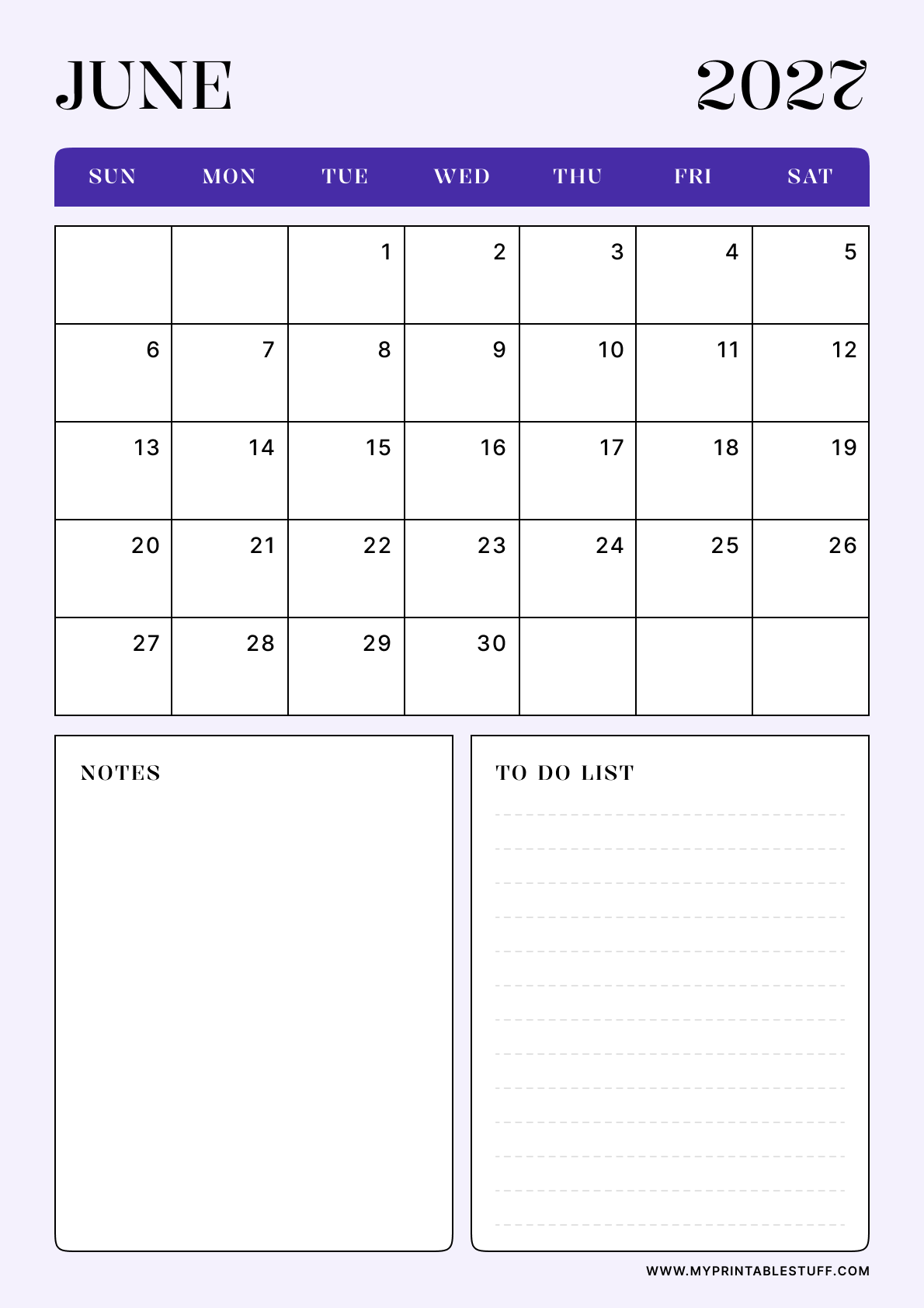 Lavender Minimal Design June 2027 Calendar Portrait