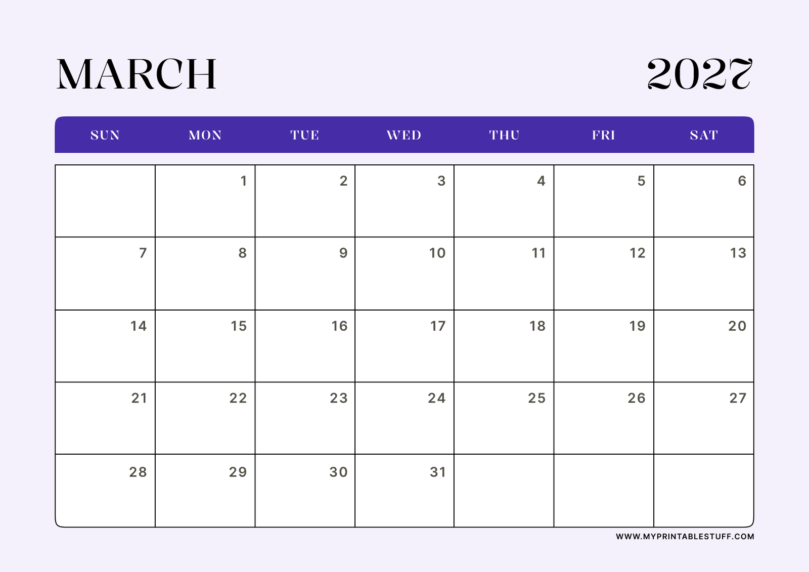 Lavender Minimal Design March 2027 Calendar Landscape