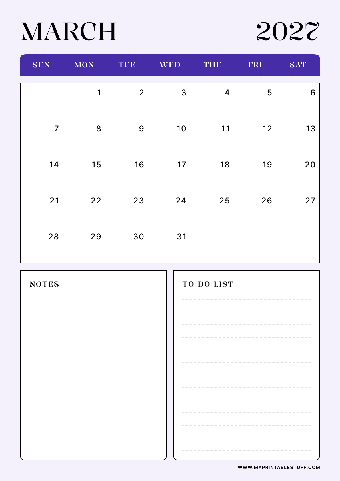 Lavender Minimal Design March 2027 Calendar Portrait