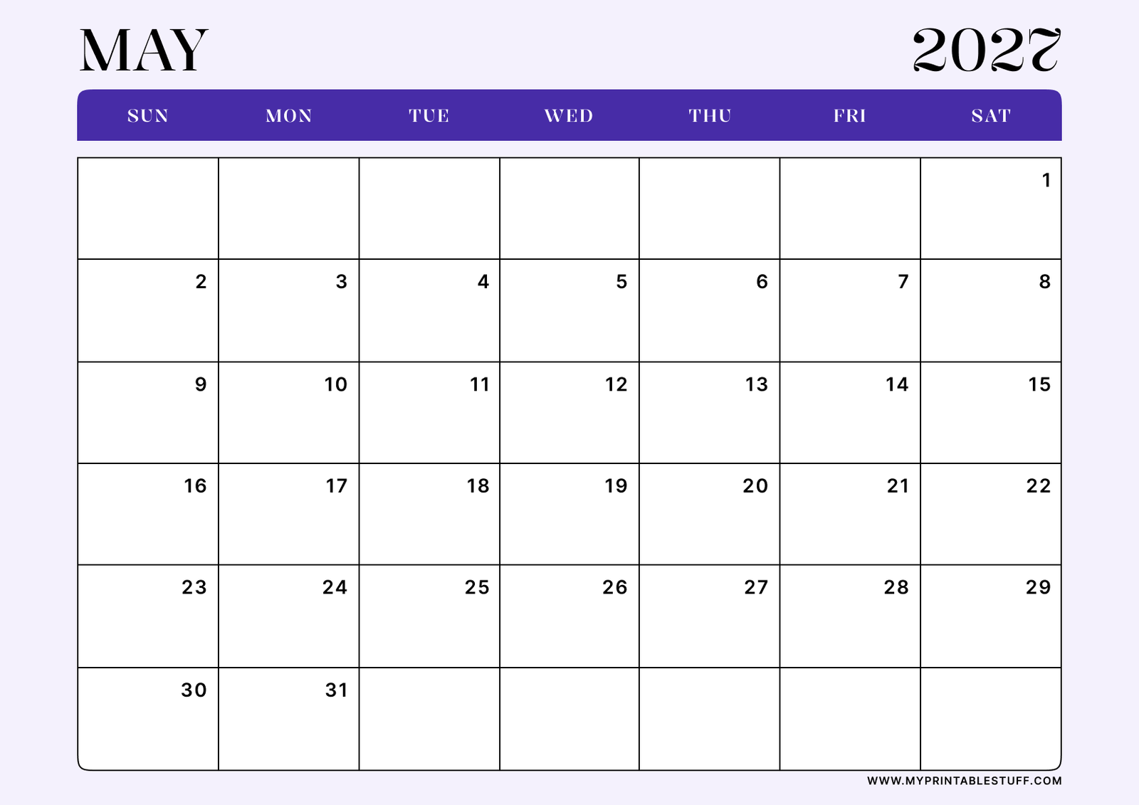Lavender Minimal Design May 2027 Calendar Landscape