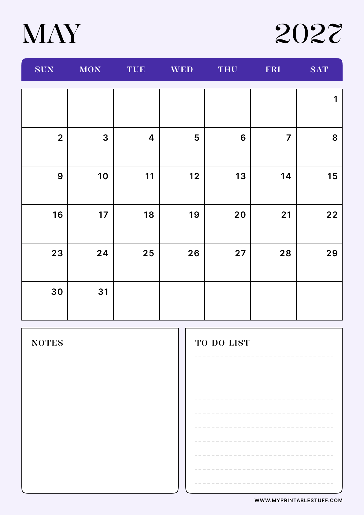 Lavender Minimal Design May 2027 Calendar Portrait