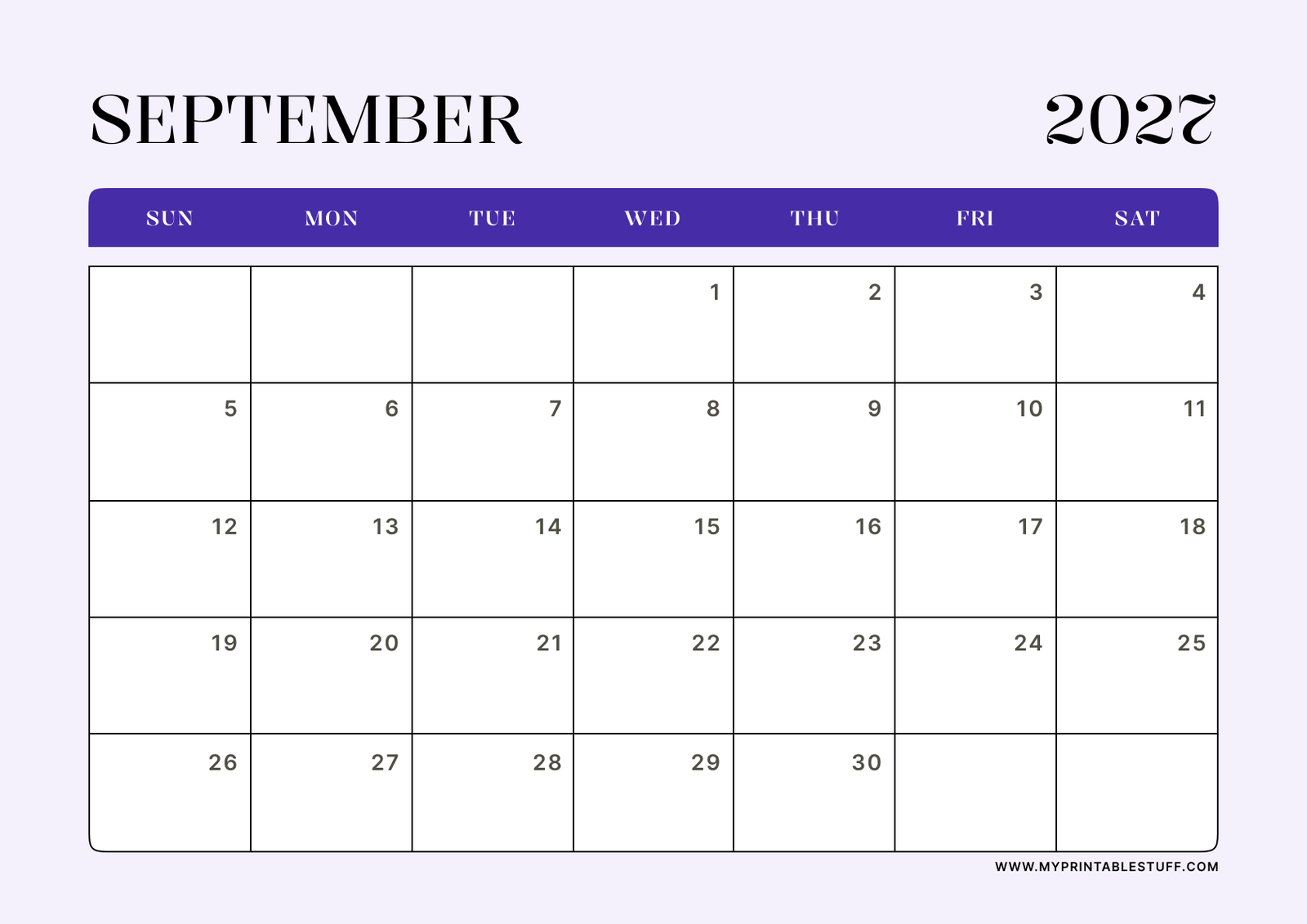 Lavender Minimal Design September 2027 Calendar Landscape
