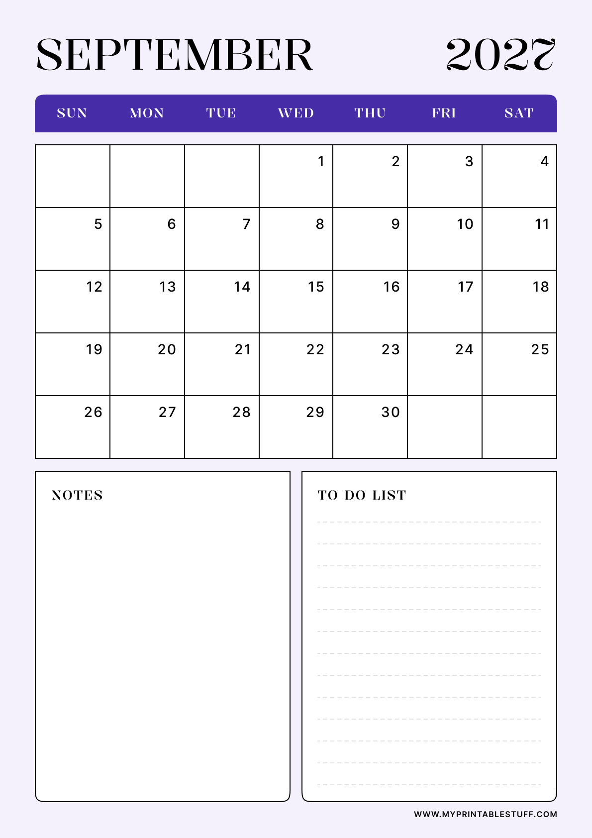 Lavender Minimal Design September 2027 Calendar Portrait