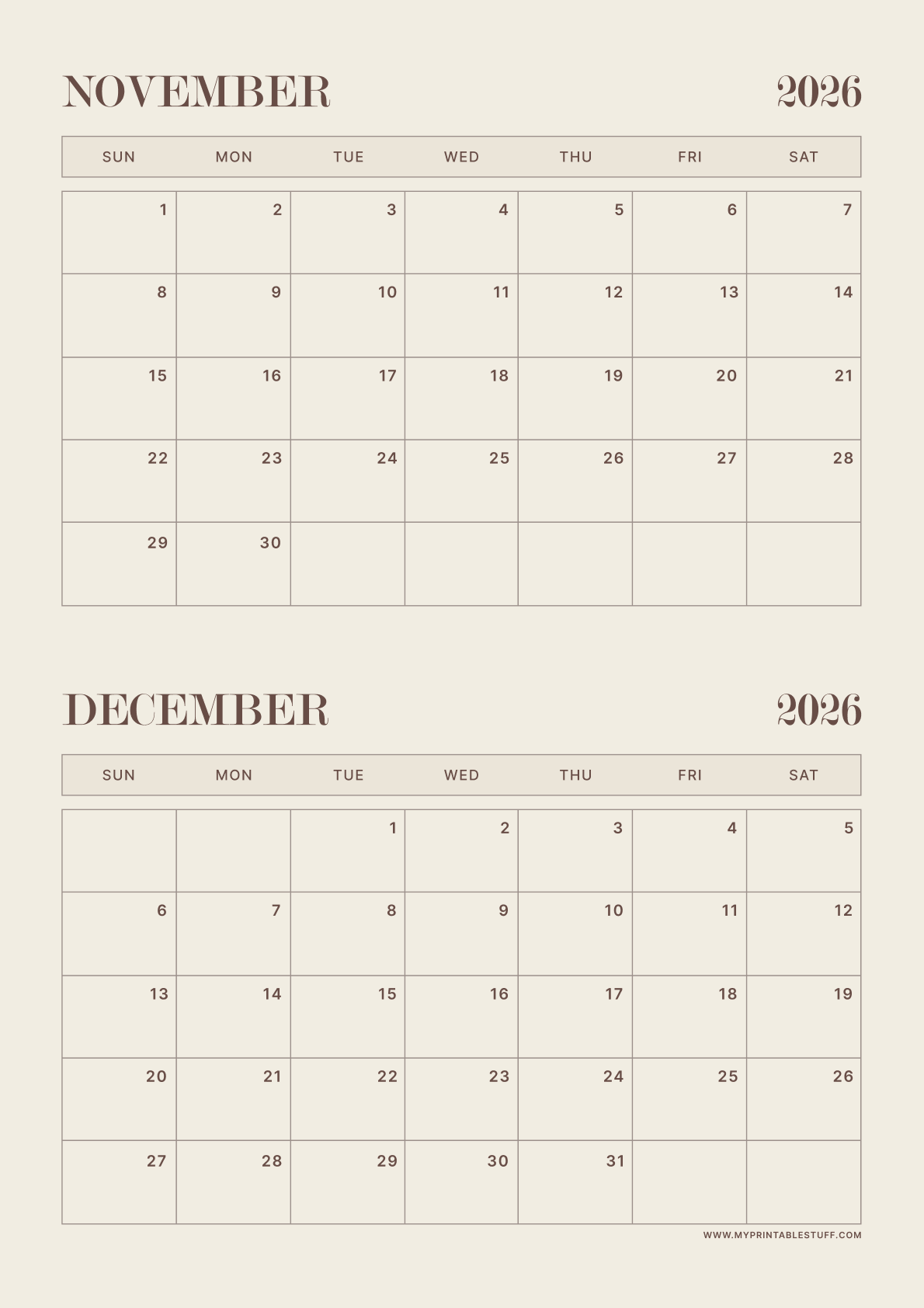 Neutral Aesthetic Design November December 2026 Calendar Portrait