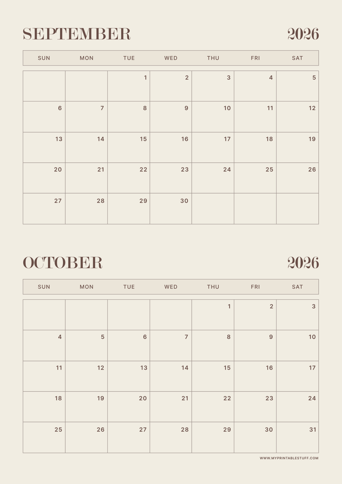 Neutral Aesthetic Design September October 2026 Calendar Portrait
