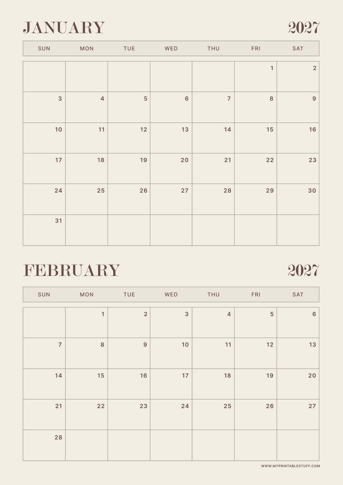 Neutral Aesthetic Design January February 2027 Calendar Portrait