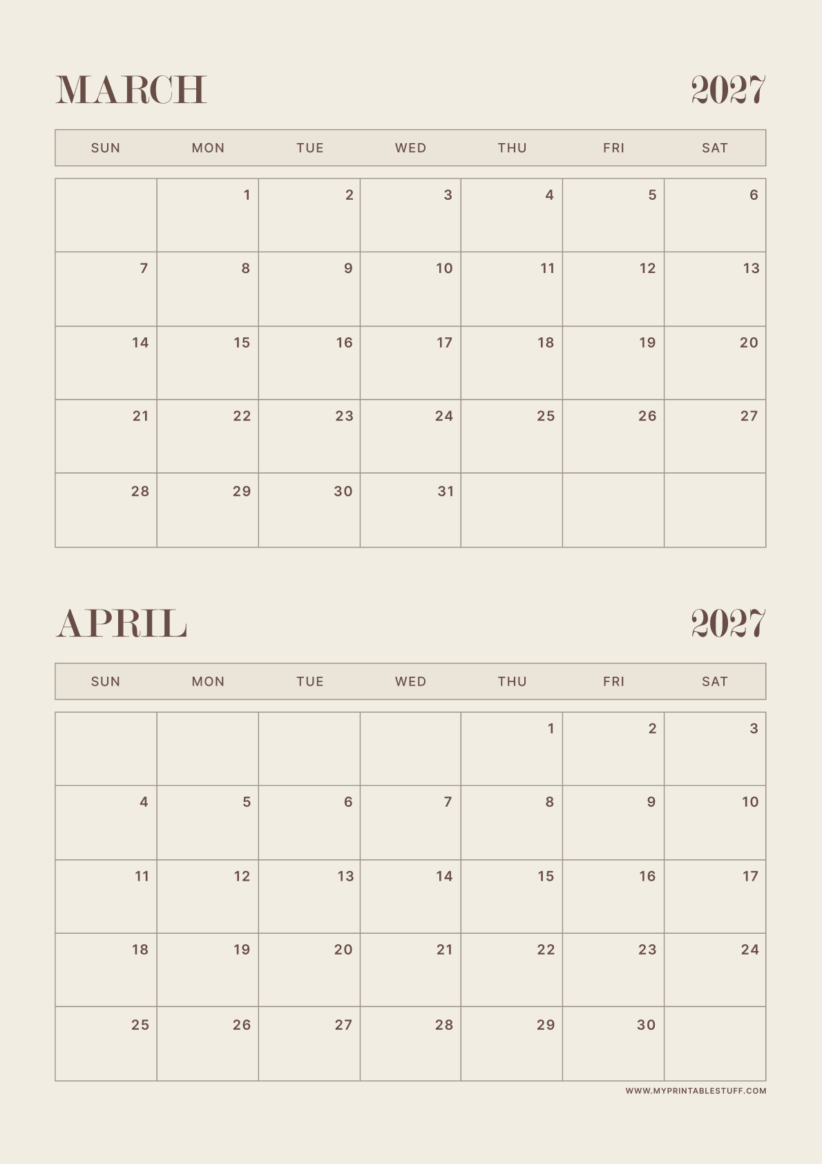 Neutral Aesthetic Design March April 2027 Calendar Portrait