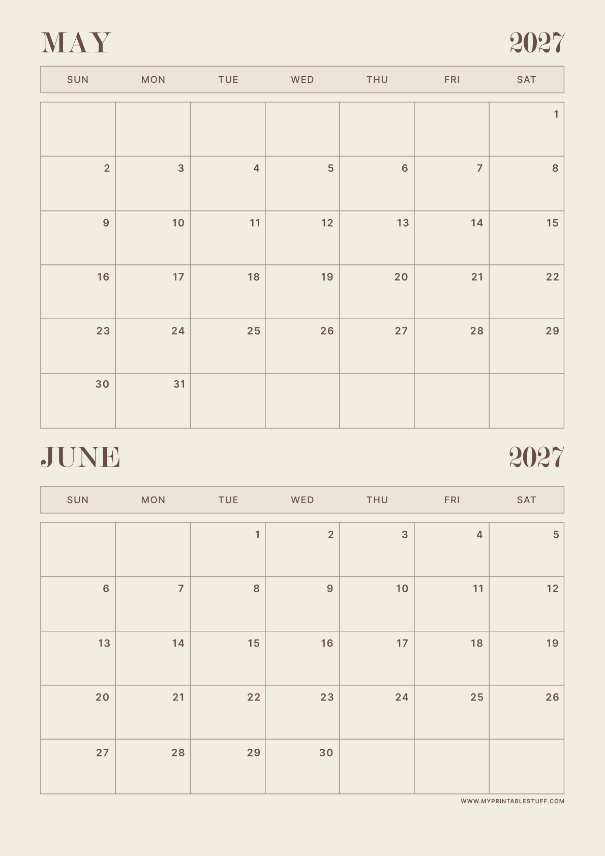 Neutral Aesthetic Design May June 2027 Calendar Portrait