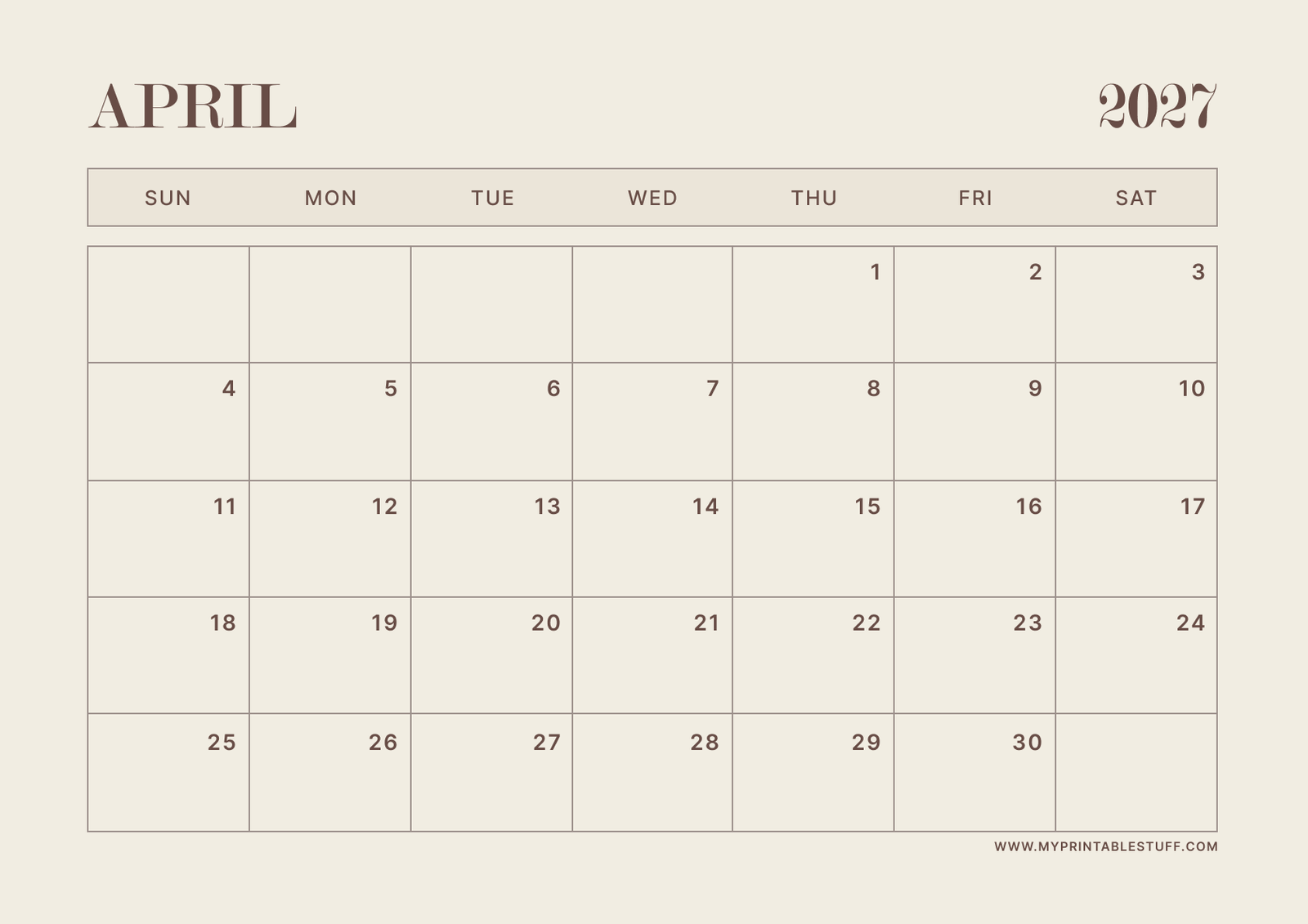 Neutral Aesthetic Design April 2027 Calendar Landscape