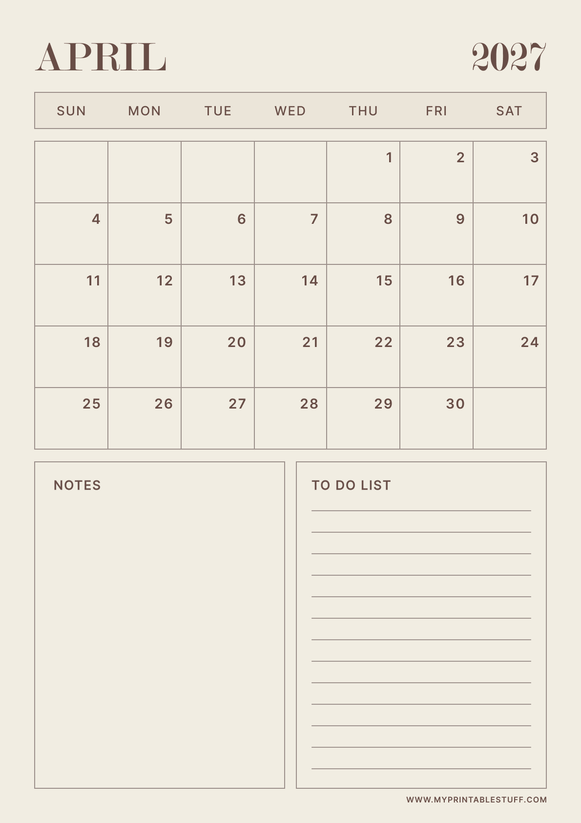 Neutral Aesthetic Design April 2027 Calendar Portrait