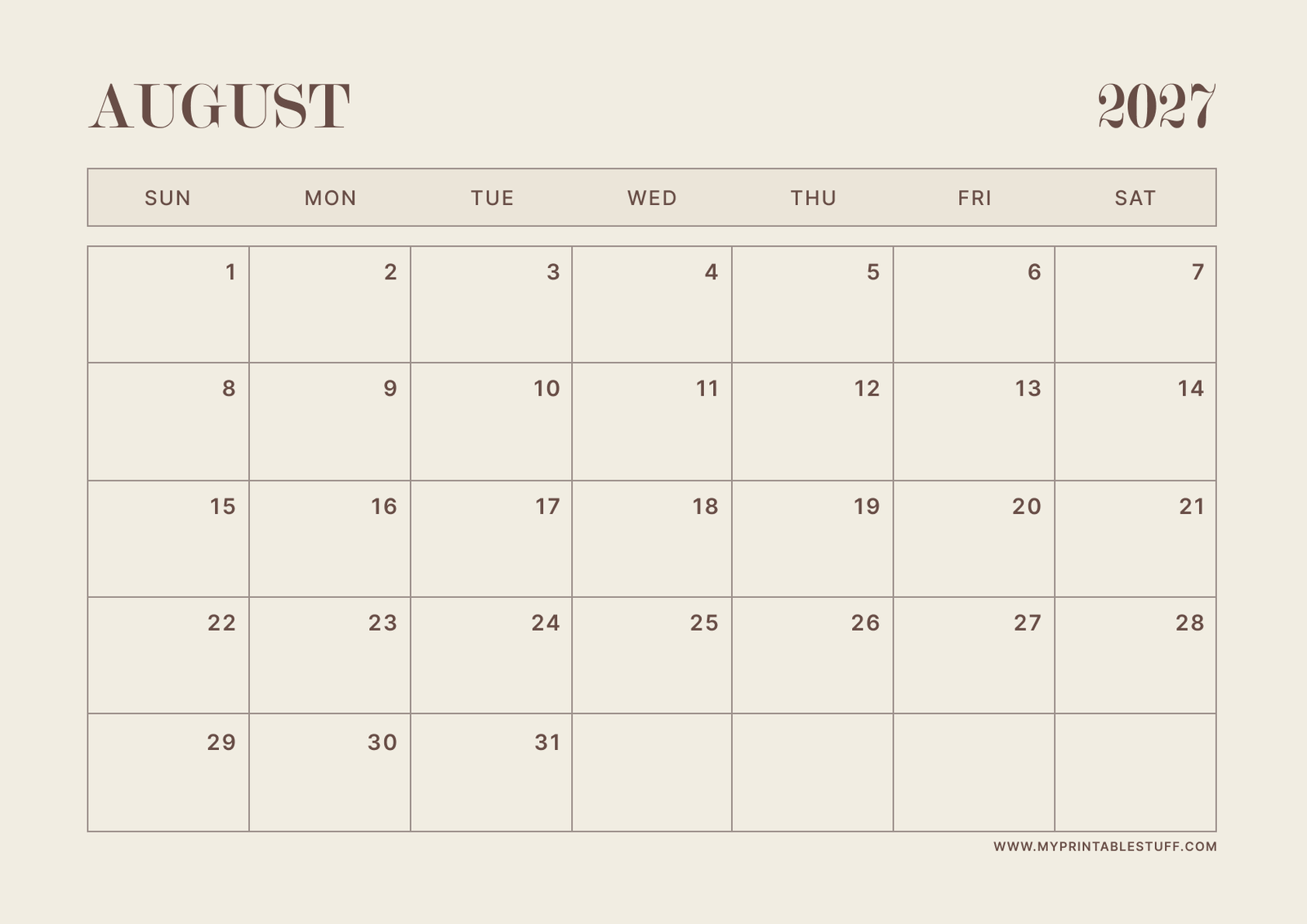 Neutral Aesthetic Design August 2027 Calendar Landscape