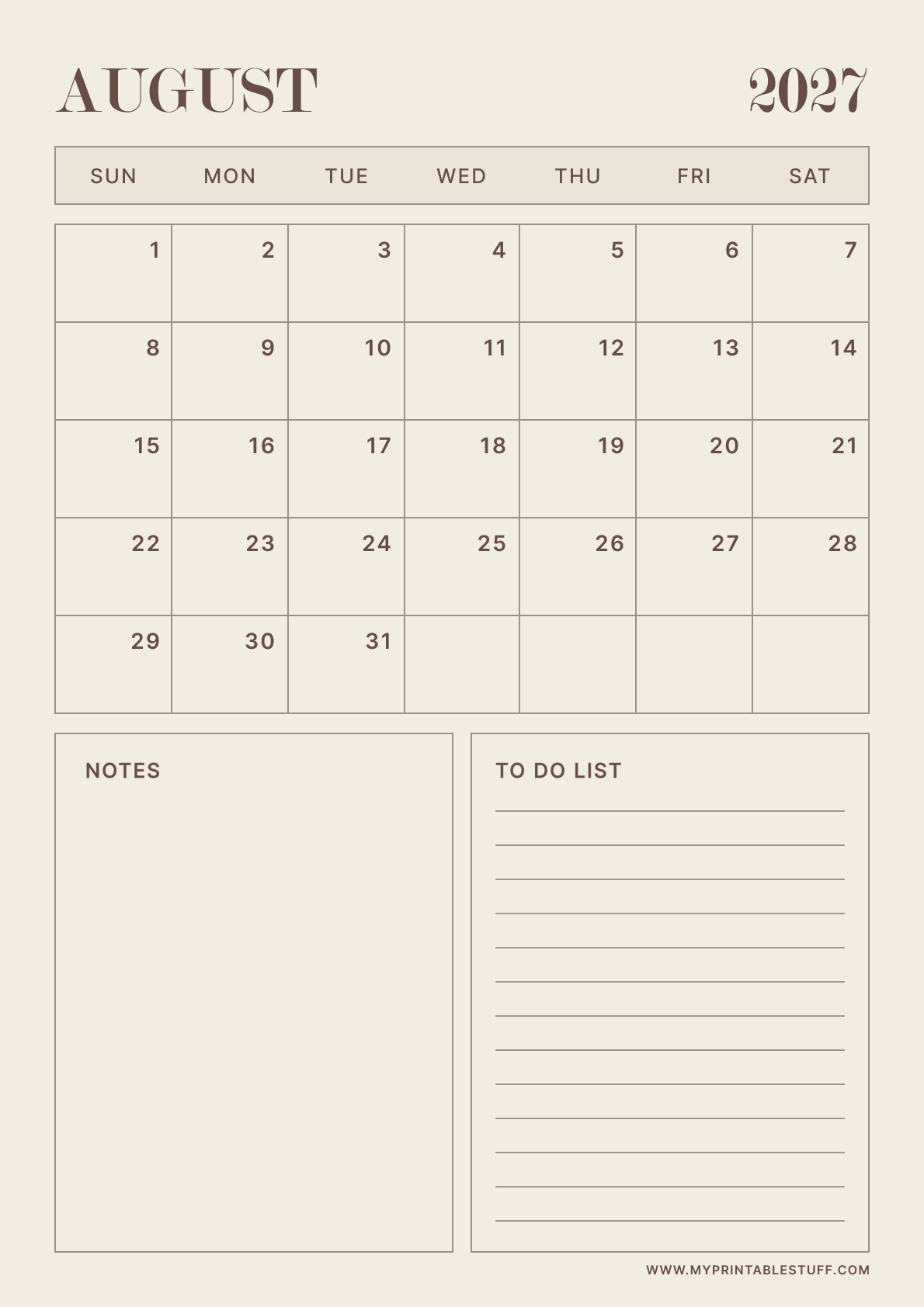 Neutral Aesthetic Design August 2027 Calendar Portrait