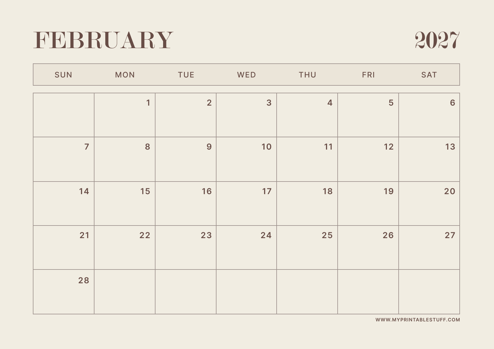 Neutral Aesthetic Design February 2027 Calendar Landscape