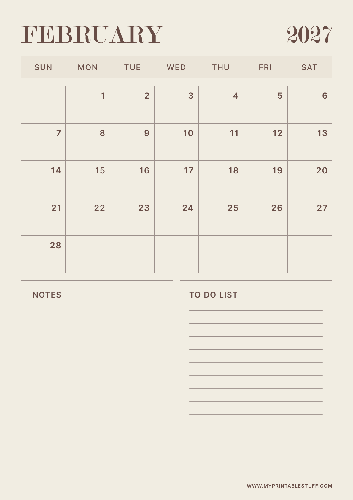 Neutral Aesthetic Design February 2027 Calendar Portrait