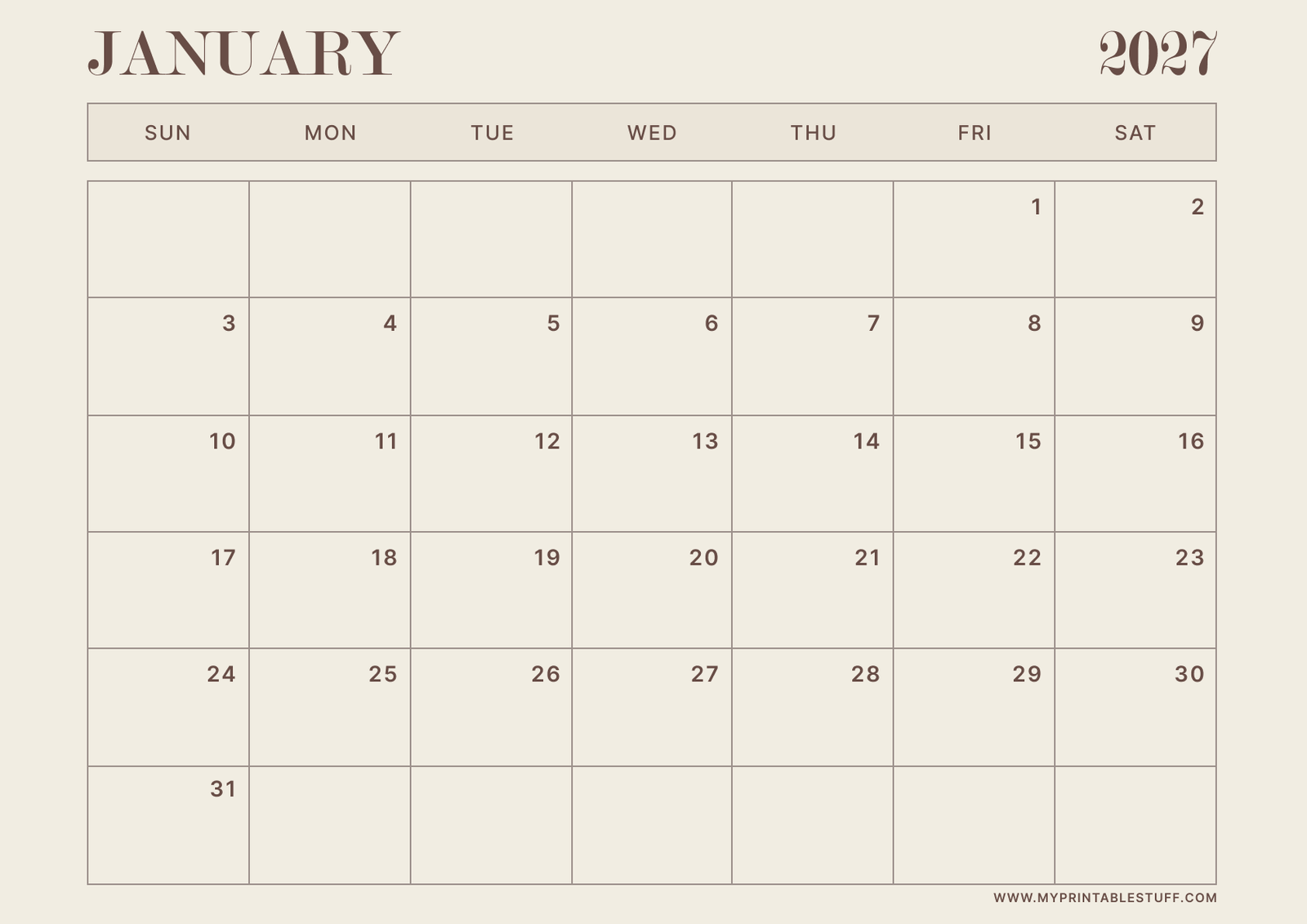 Neutral Aesthetic Design January 2027 Calendar Landscape
