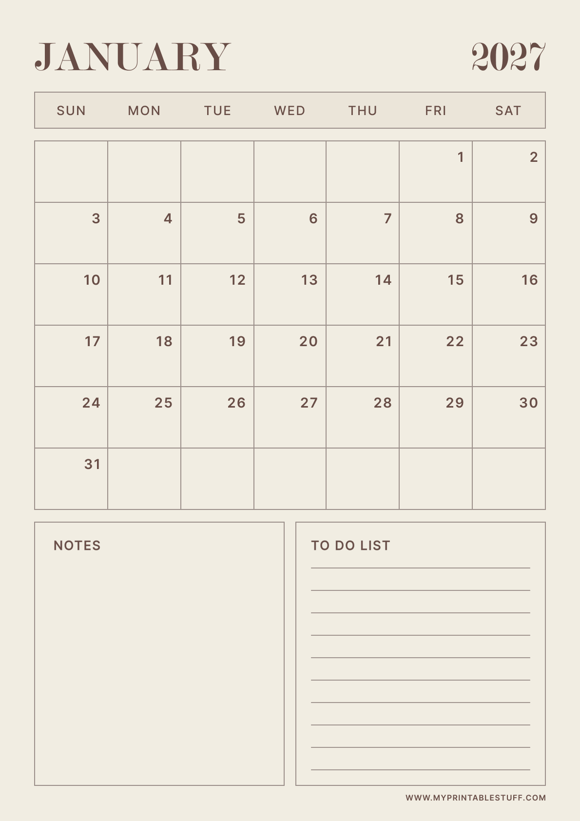 Neutral Aesthetic Design January 2027 Calendar Portrait