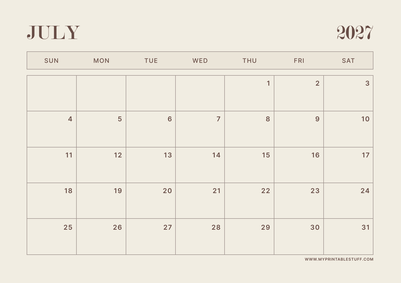 Neutral Aesthetic Design July 2027 Calendar Landscape