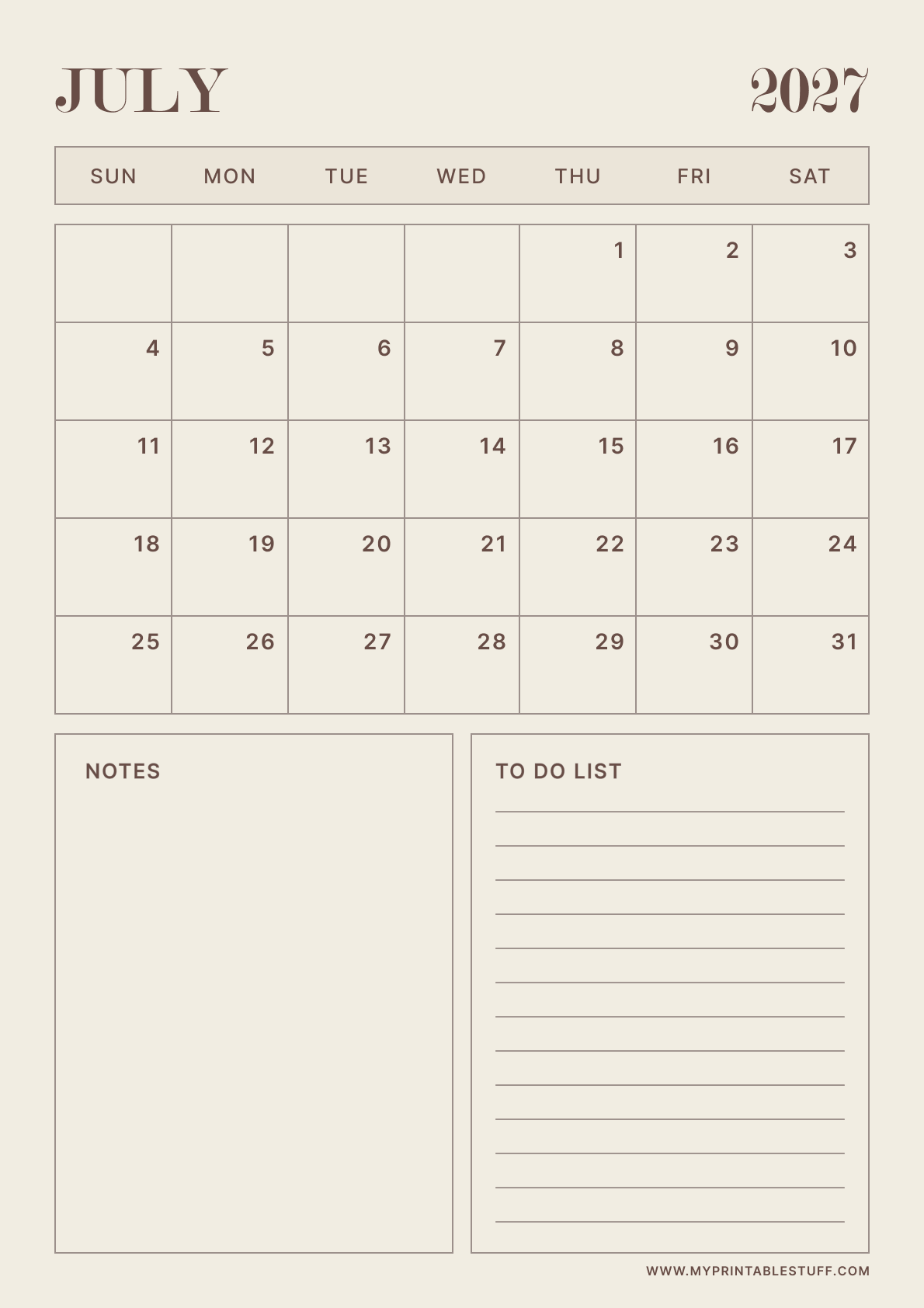 Neutral Aesthetic Design July 2027 Calendar Portrait