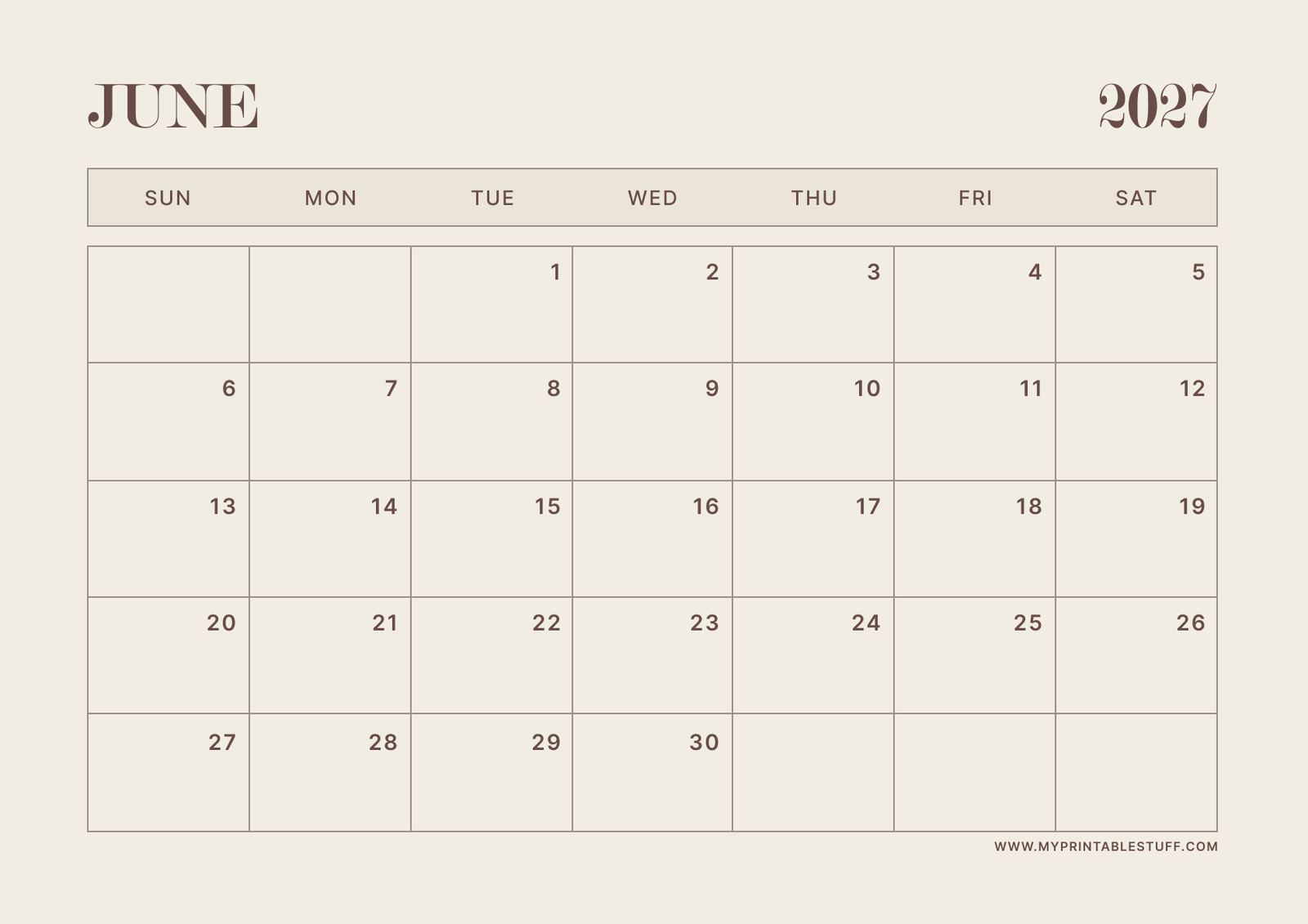 Neutral Aesthetic Design June 2027 Calendar Landscape