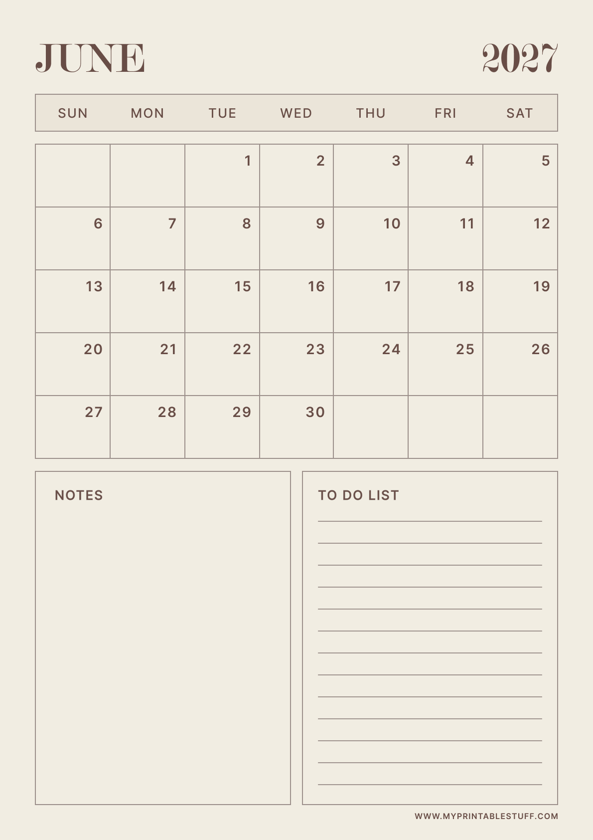 Neutral Aesthetic Design June 2027 Calendar Portrait