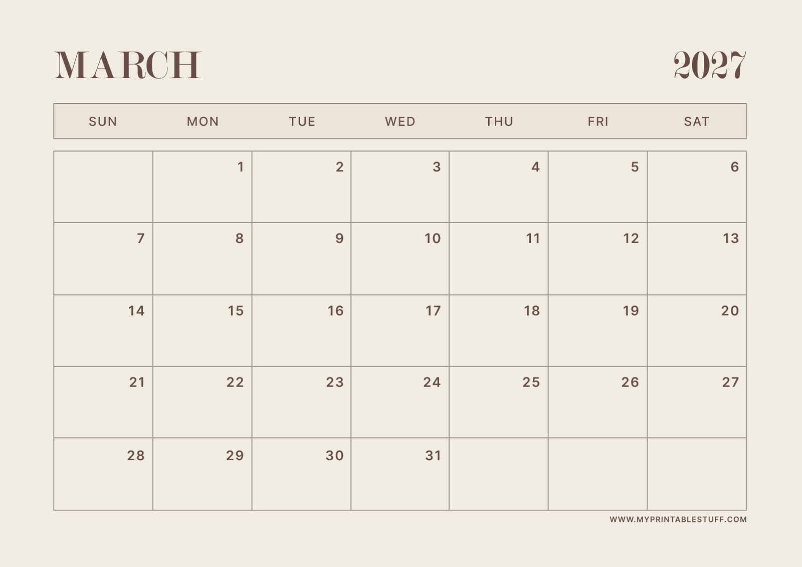 Neutral Aesthetic Design March 2027 Calendar Landscape