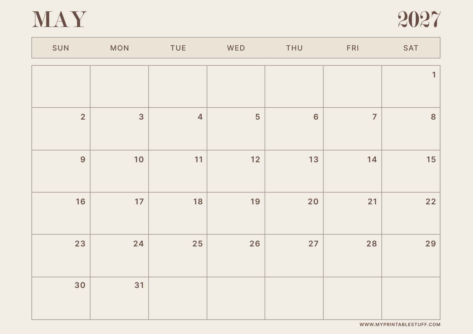 Neutral Aesthetic Design May 2027 Calendar Landscape