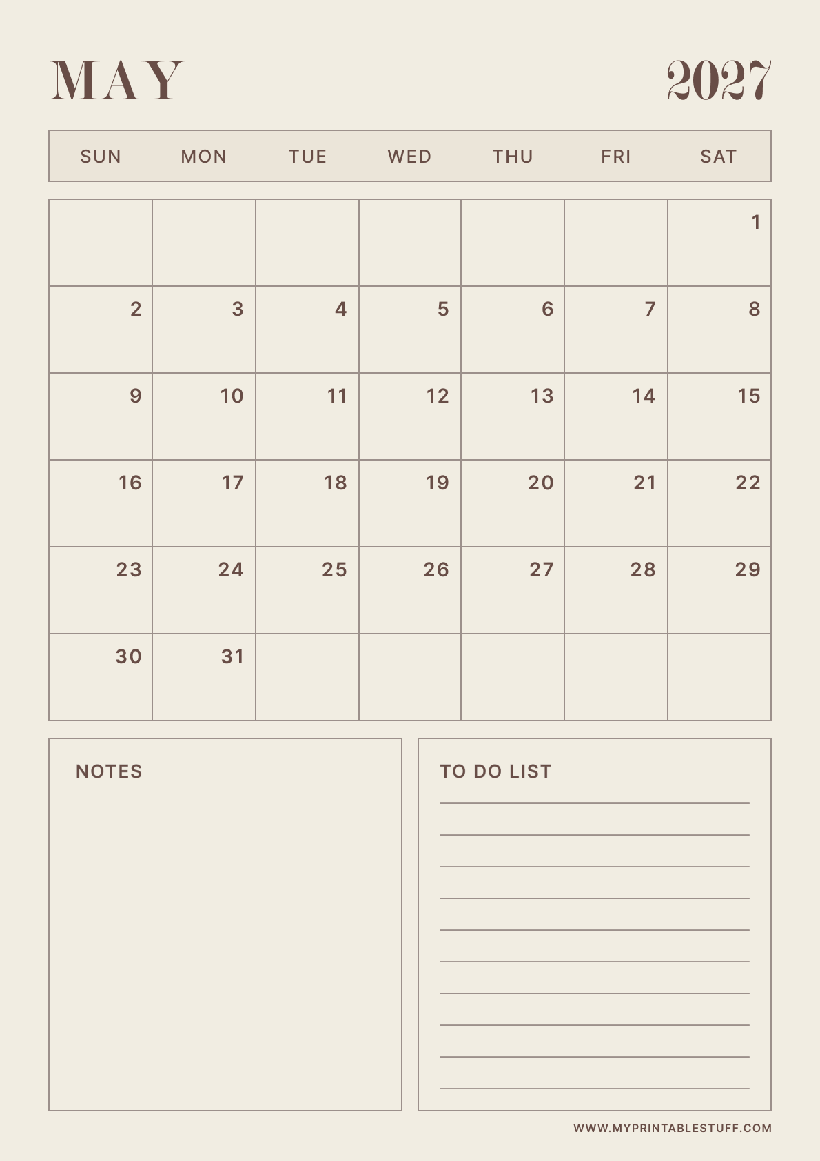 Neutral Aesthetic Design May 2027 Calendar Portrait