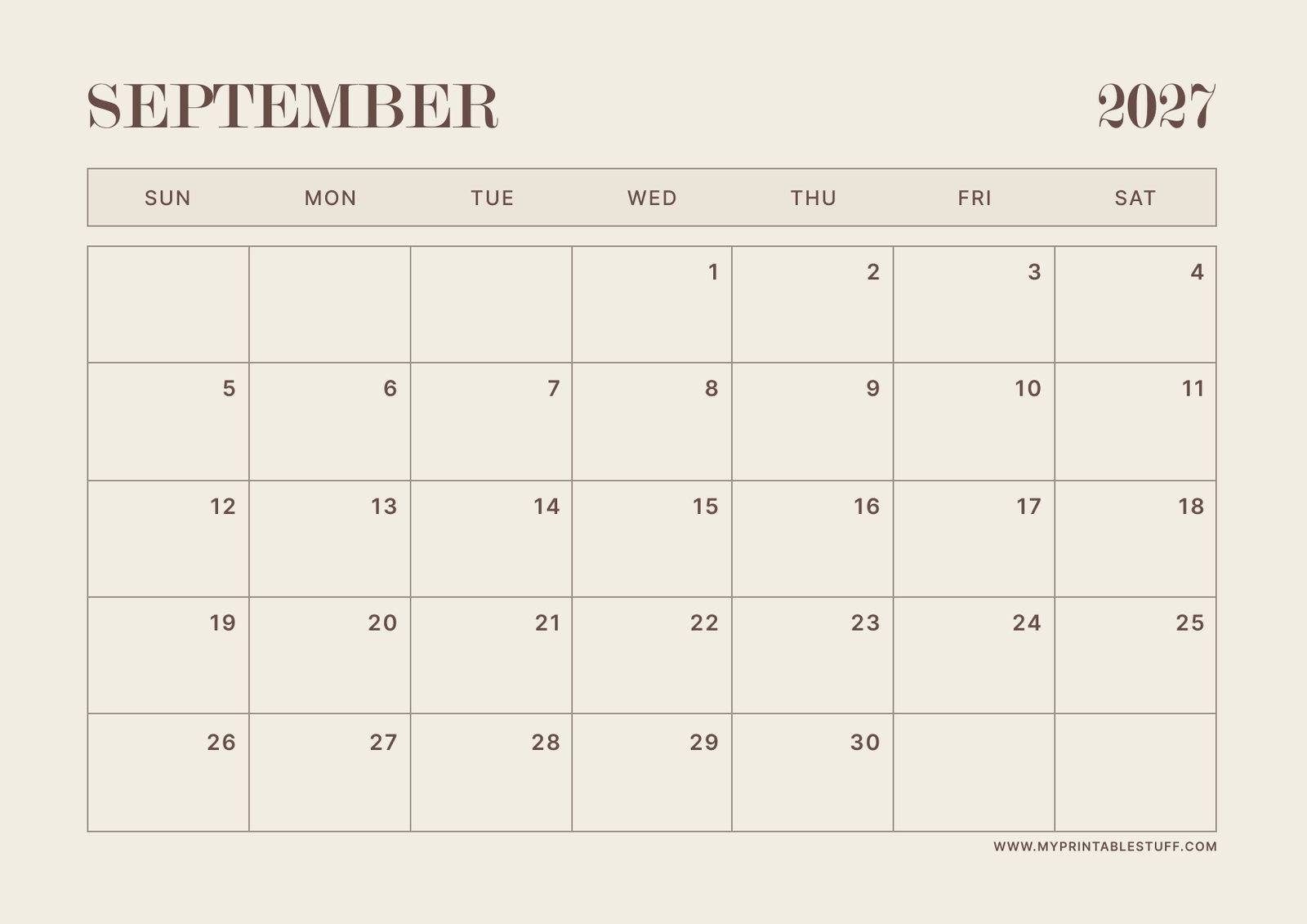 Neutral Aesthetic Design September 2027 Calendar Landscape