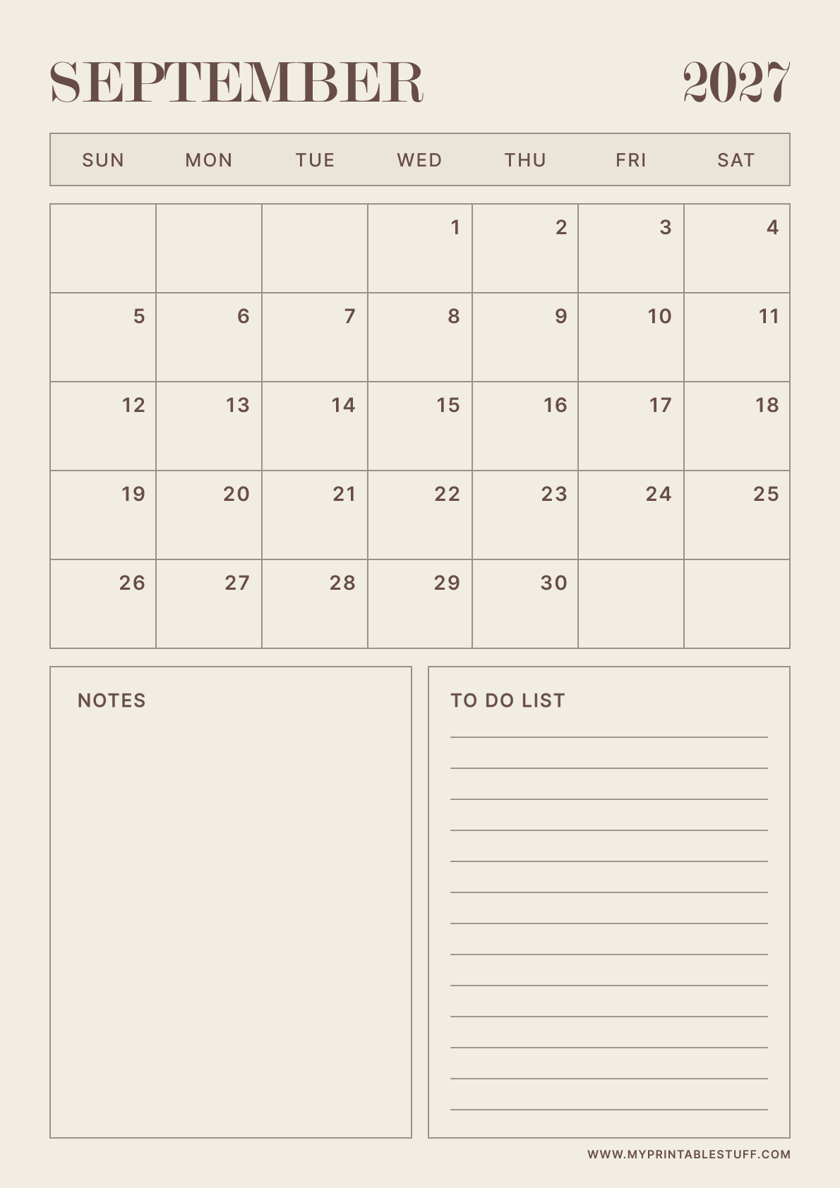 Neutral Aesthetic Design September 2027 Calendar Portrait