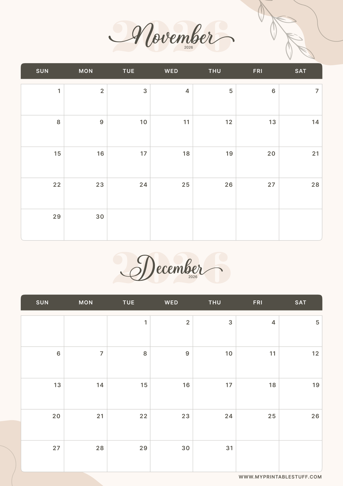 Soft Elegance Design November December 2026 Calendar Portrait